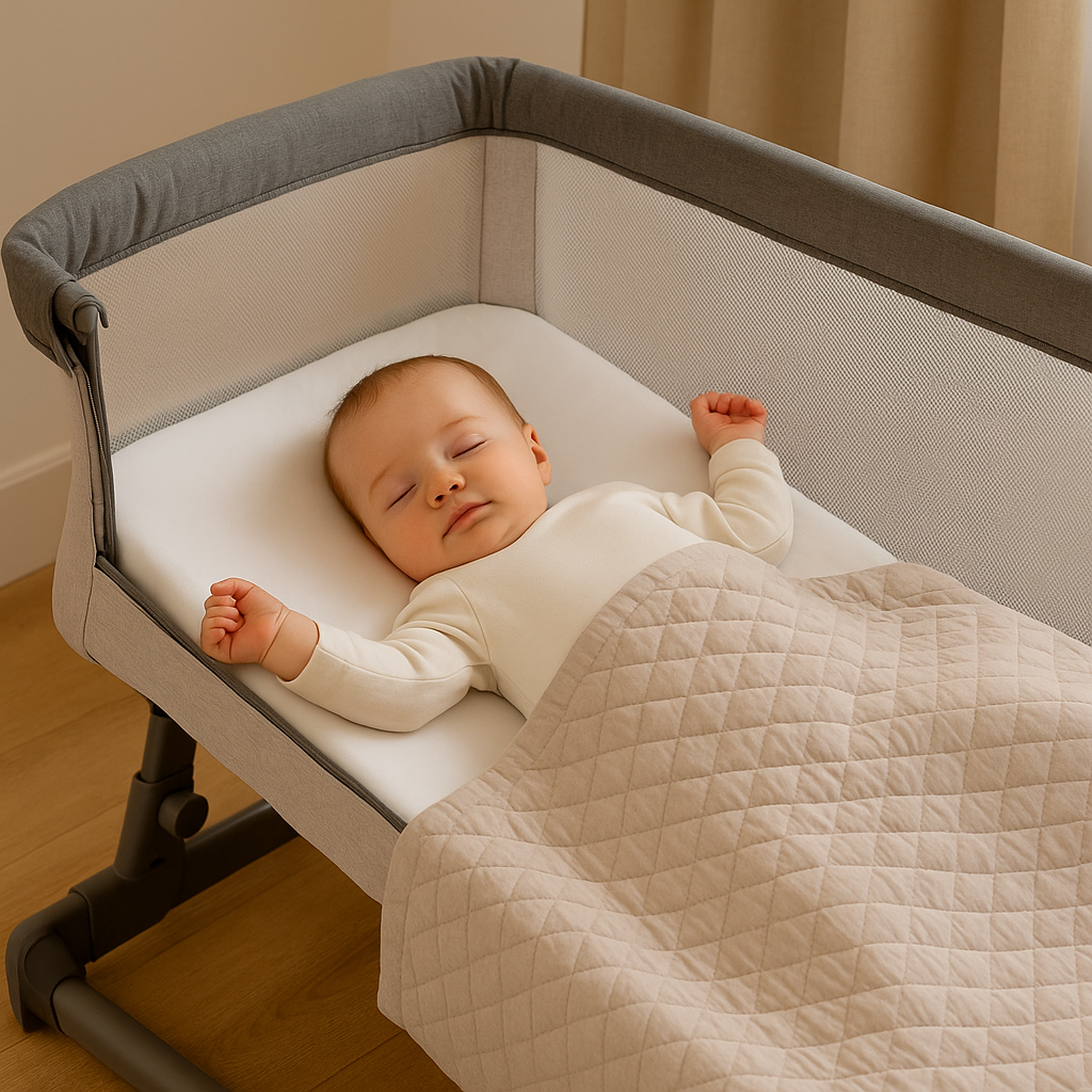 A peaceful baby sleeps in a light grey bedside crib with a gentle tilt, wearing a cream onesie and covered by a quilted beige blanket, bathed in soft natural light.
