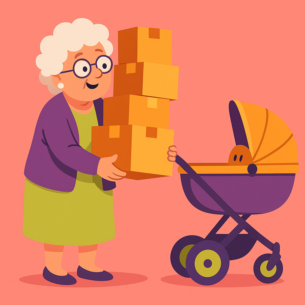 A flat, colourful digital illustration features an elderly woman with white curly hair, glasses, and a purple cardigan receiving a stack of orange delivery boxes. She smiles as she balances them beside a purple and orange pram with a cheeky, amused face