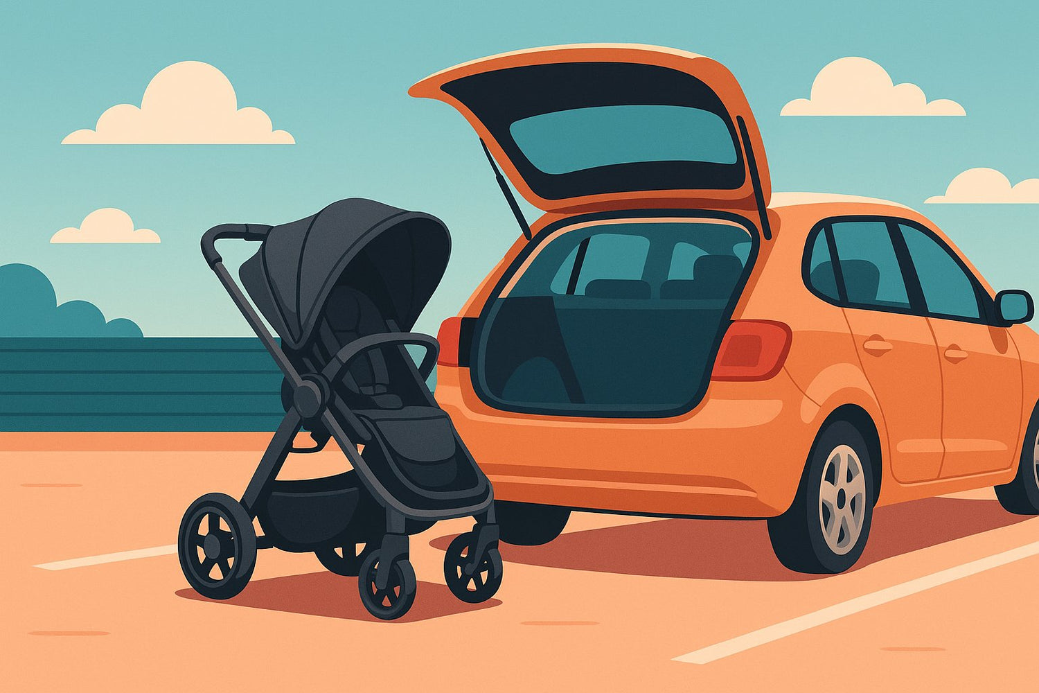 A modern digital illustration showing parents loading a compact stroller into the boot of a small car, representing the best compact stroller for small car boots.