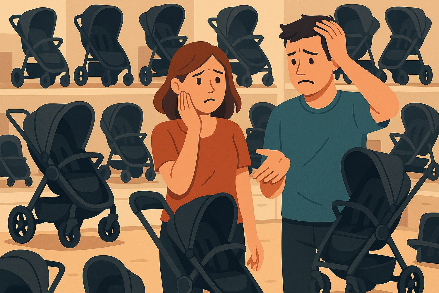 Young couple in a department store looking confused while surrounded by a wide variety of baby travel systems and strollers on display.