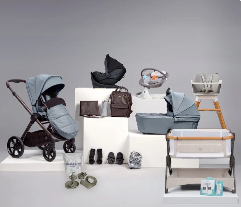 18-piece baby bundle including pushchair, car seat, carrycot, rocker, highchair, changing bag, and accessories in duck egg colour by BabaBing