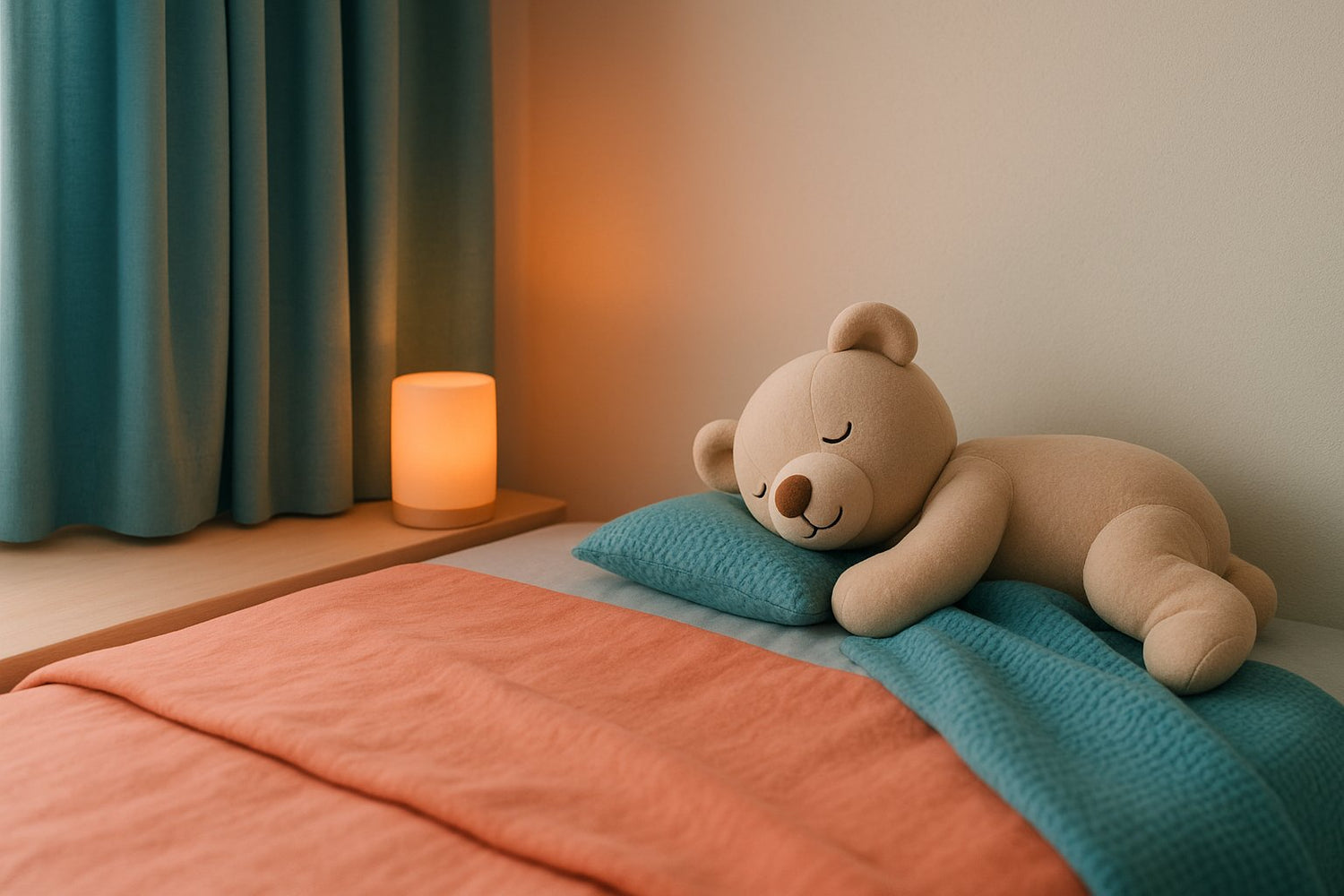 A cozy nursery scene with a plush beige teddy bear sleeping on a bed, surrounded by soft teal and coral blankets, with a warm orange night light and teal curtains in the background.