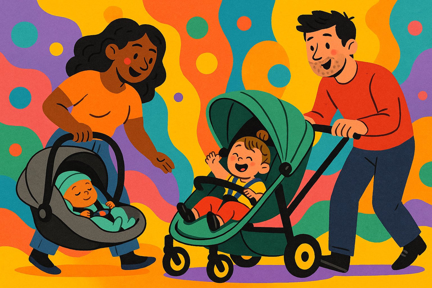 A colourful cartoon illustration of smiling parents with a baby in a car seat and a toddler in a stroller against a vibrant abstract background