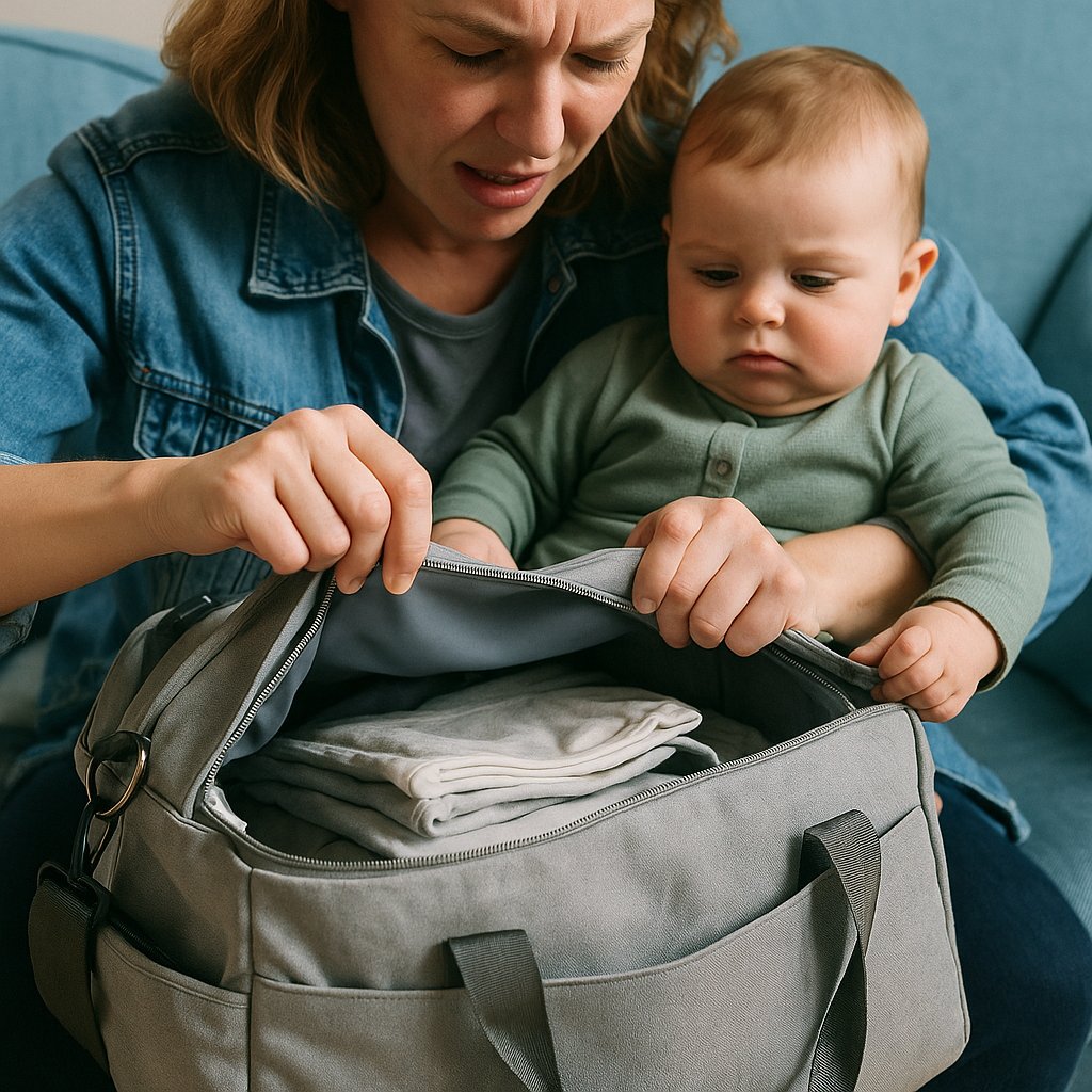 A stressed mum tries to organise her overstuffed baby bag while holding her baby, capturing the real-life challenges of parenting on the go.