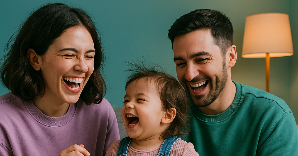A young family of three laughs together on a sofa, with the mother in a purple sweatshirt, the father in teal, and their toddler wearing pink and denim. The background features a teal wall and warm lighting, capturing a joyful real-life parenting moment.