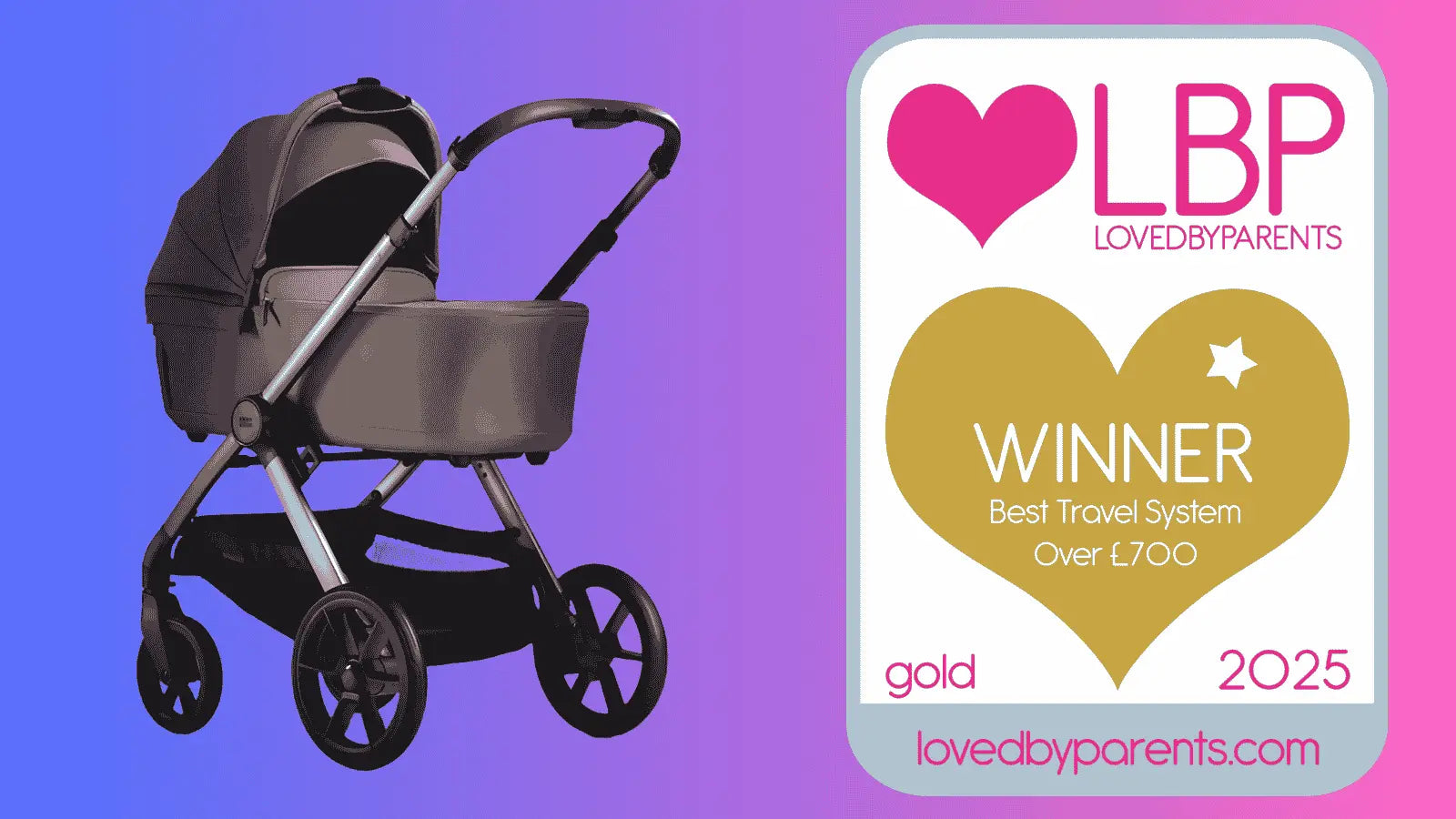 BabaBing travel system pram next to LovedByParents Gold Award badge for Best Travel System Over £700 (2025)