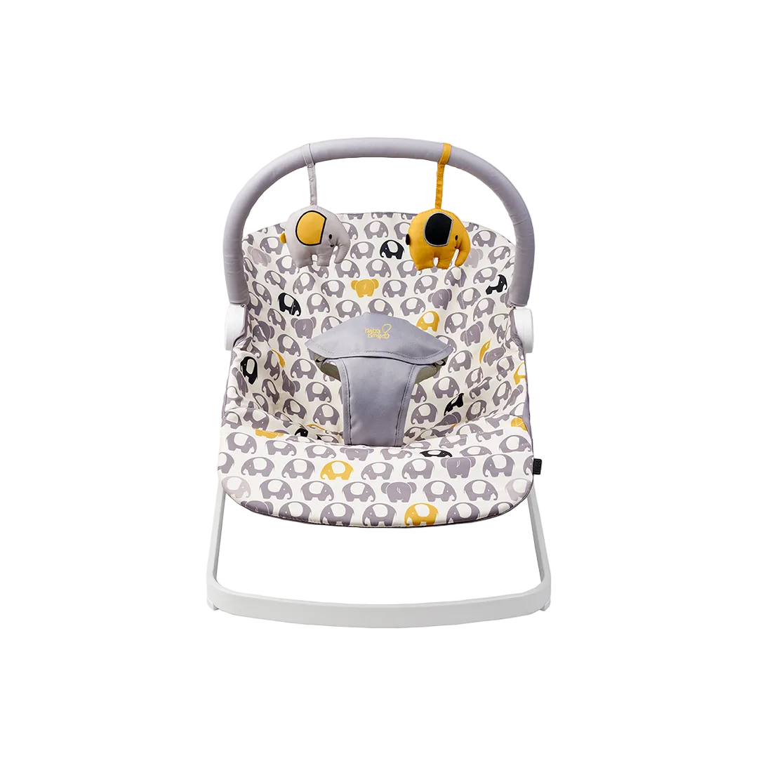 Baby bouncer with elephant pattern on a white background