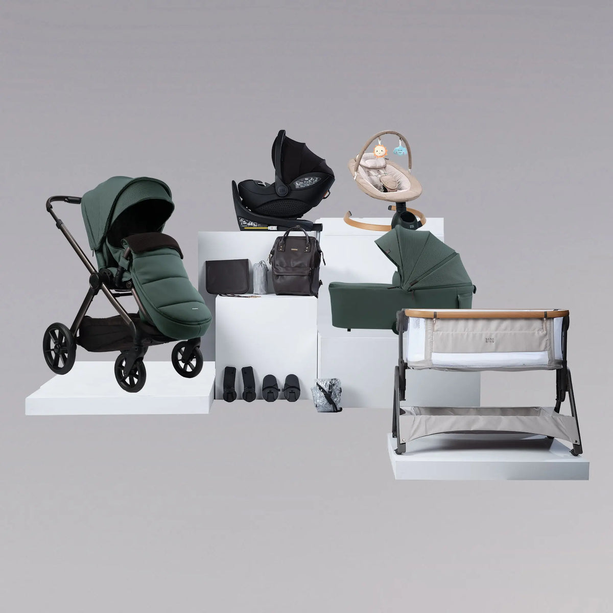 Raffi Quest Travel System Folding Carrycot, Lie Flat Isofix Car Seat and Spin Base (16 pc) Rivian Green