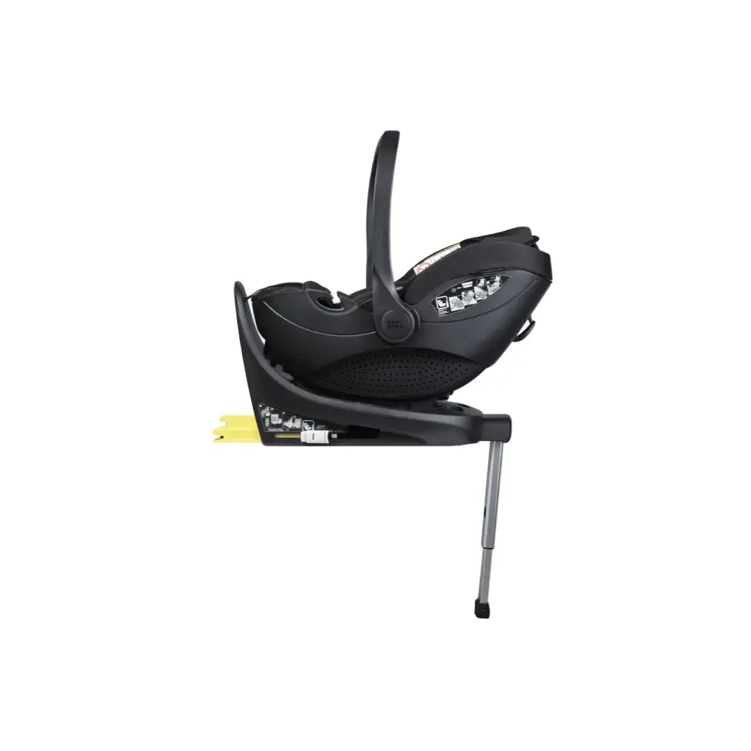 Black baby car seat with base on a white background