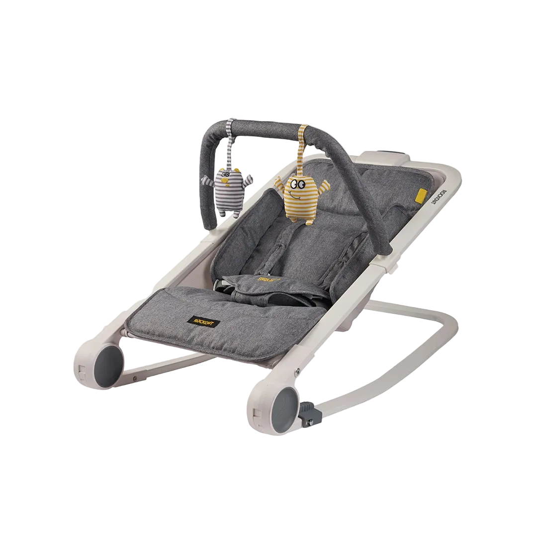 Gray baby bouncer with toys on a white background