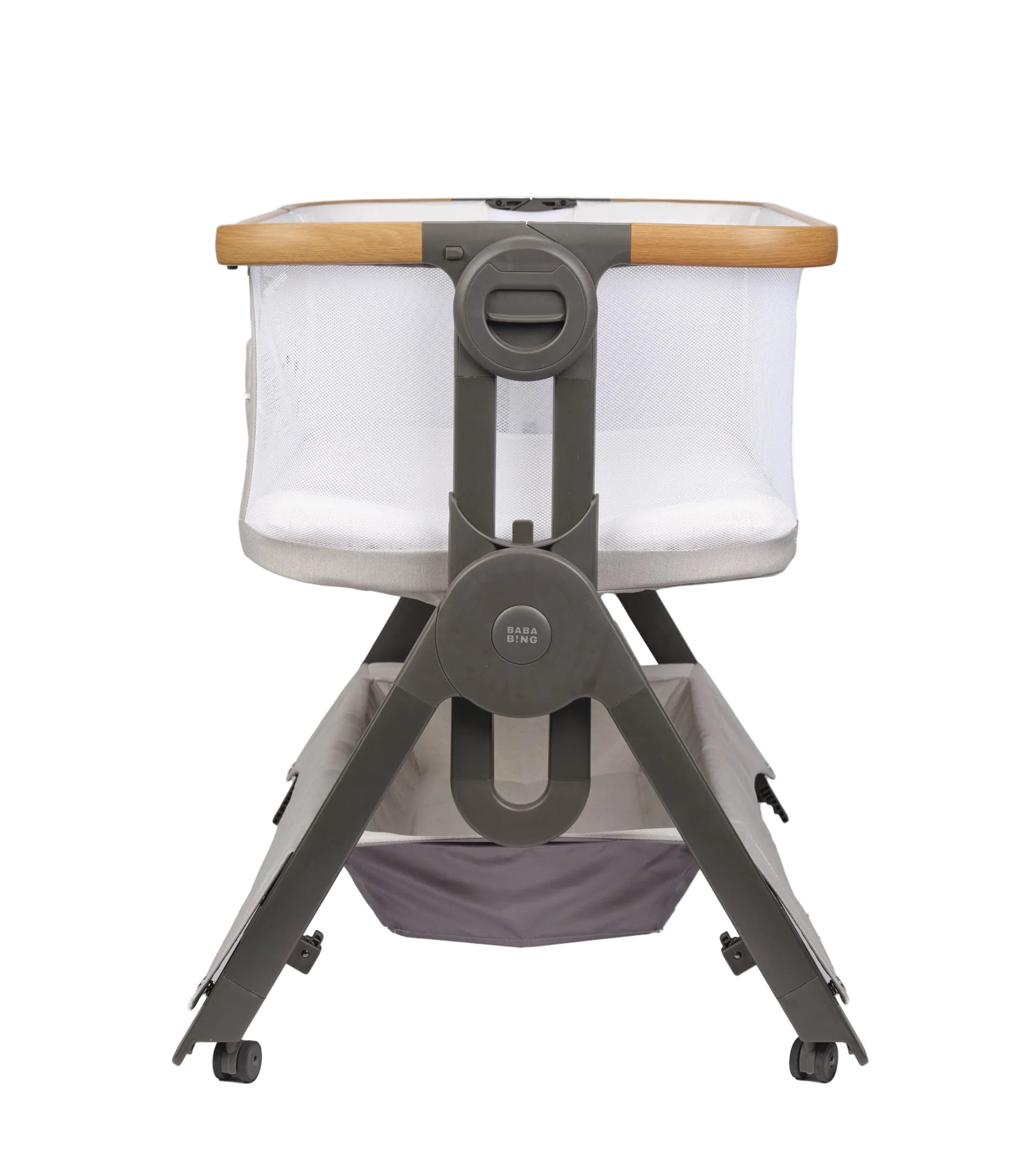 Portable baby crib with transparent sides on a white background