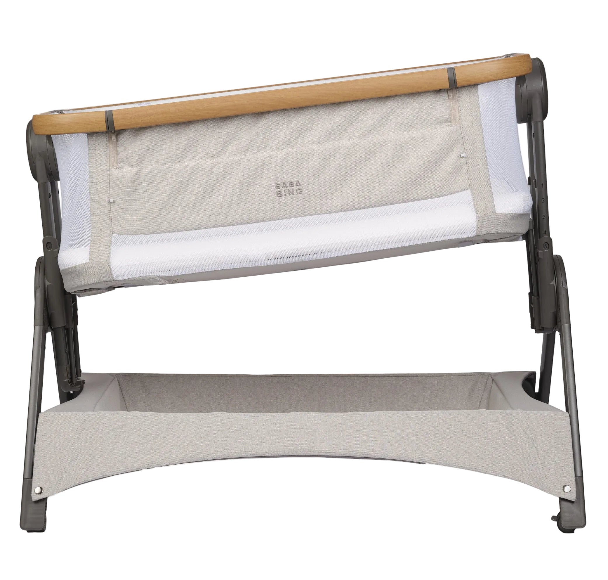 Portable crib with beige and white mesh cover on a white background