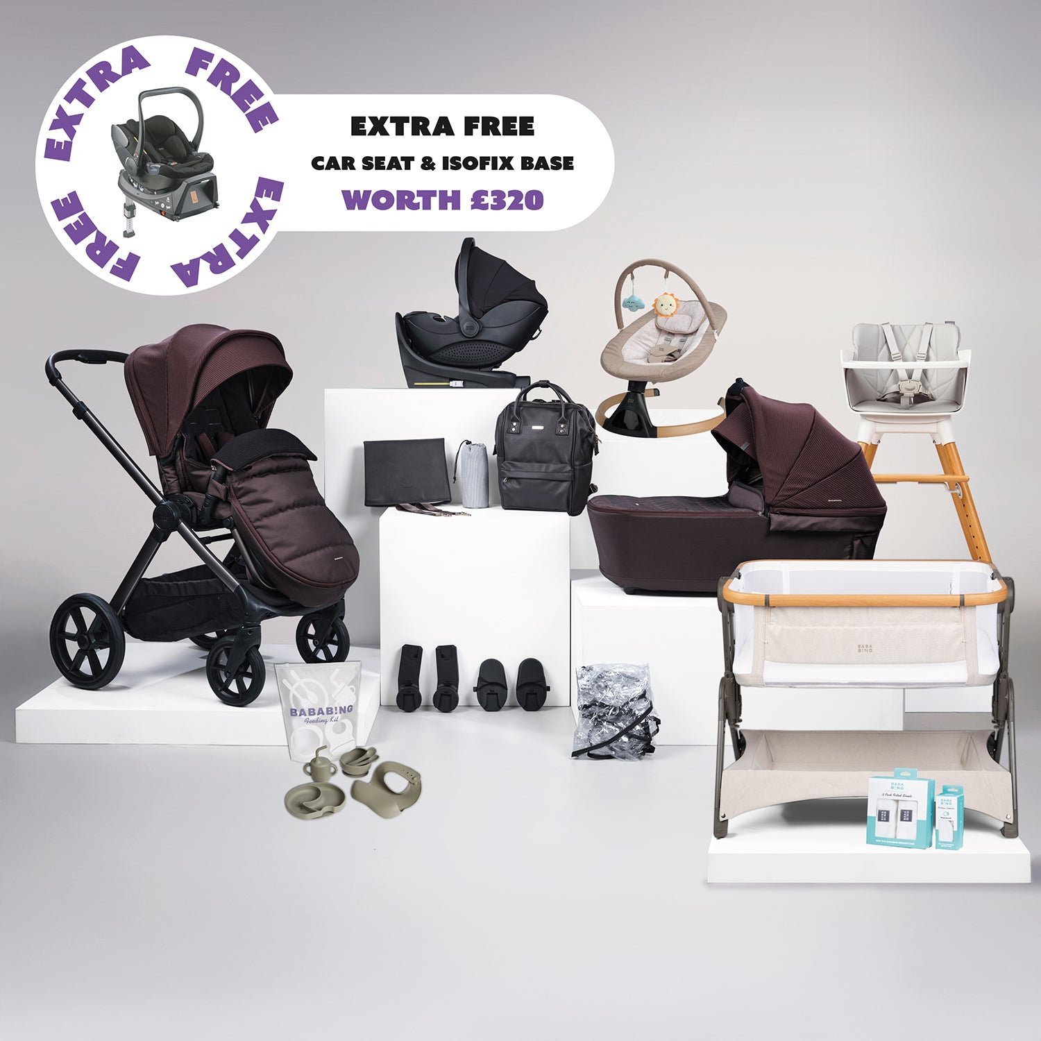 18pc Raffi MKII Travel, Home & Feeding Bundle with spin car seat & isofix base + FREE Hera car seat & isofix base - Heritage