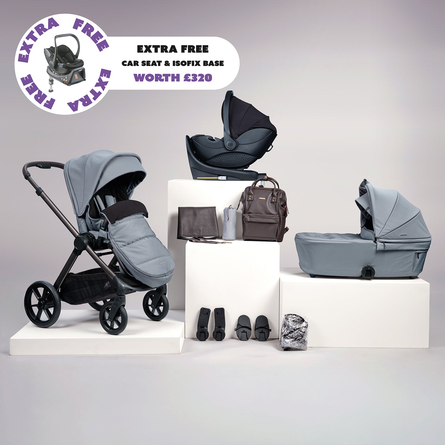 12pc Raffi MKII Travel Bundle with spin car seat & isofix base + FREE Hera car seat & isofix base - Duck Egg