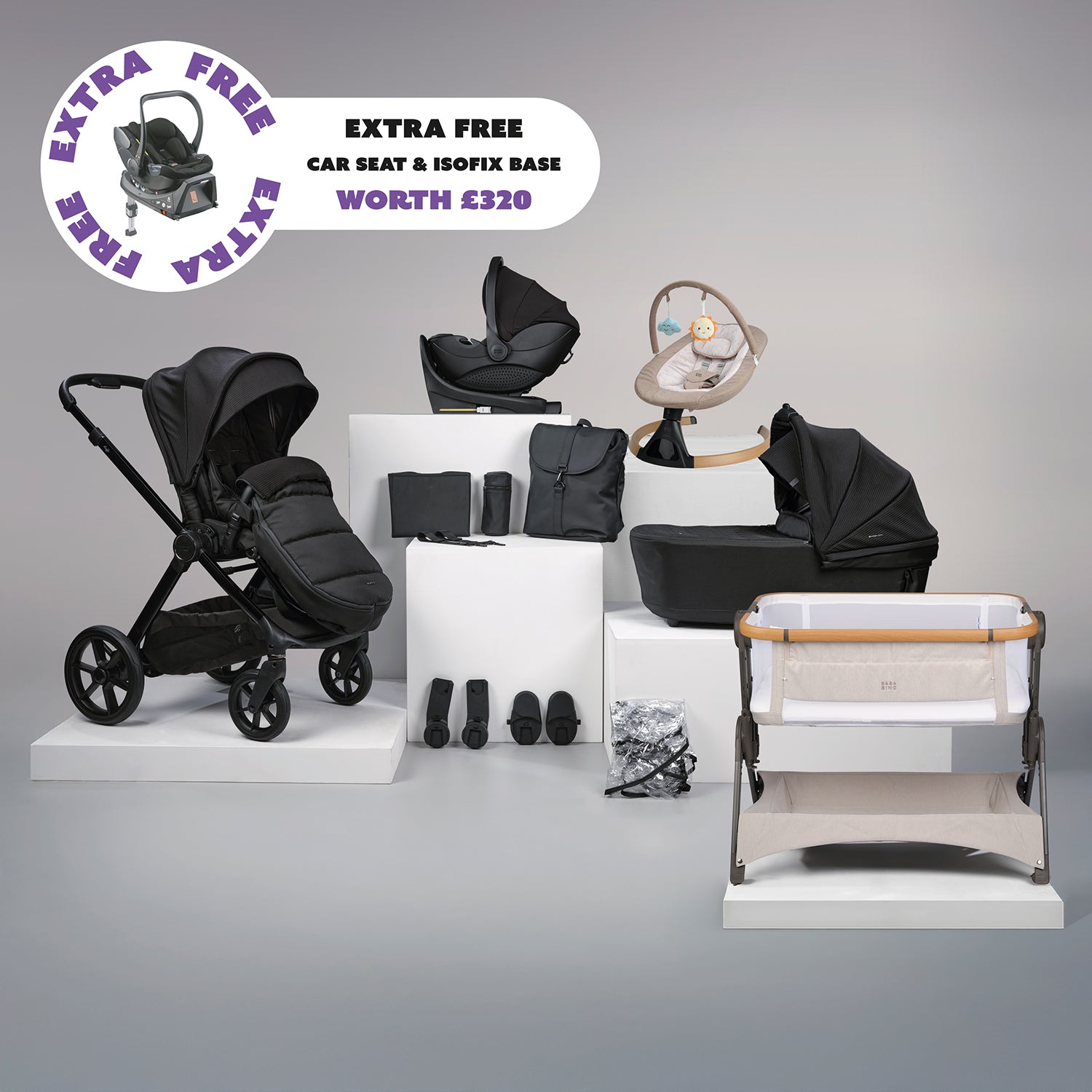 16pc Raffi MKII Travel & Home Bundle with spin car seat & isofix base + FREE Hera car seat & isofix base - Satin Black