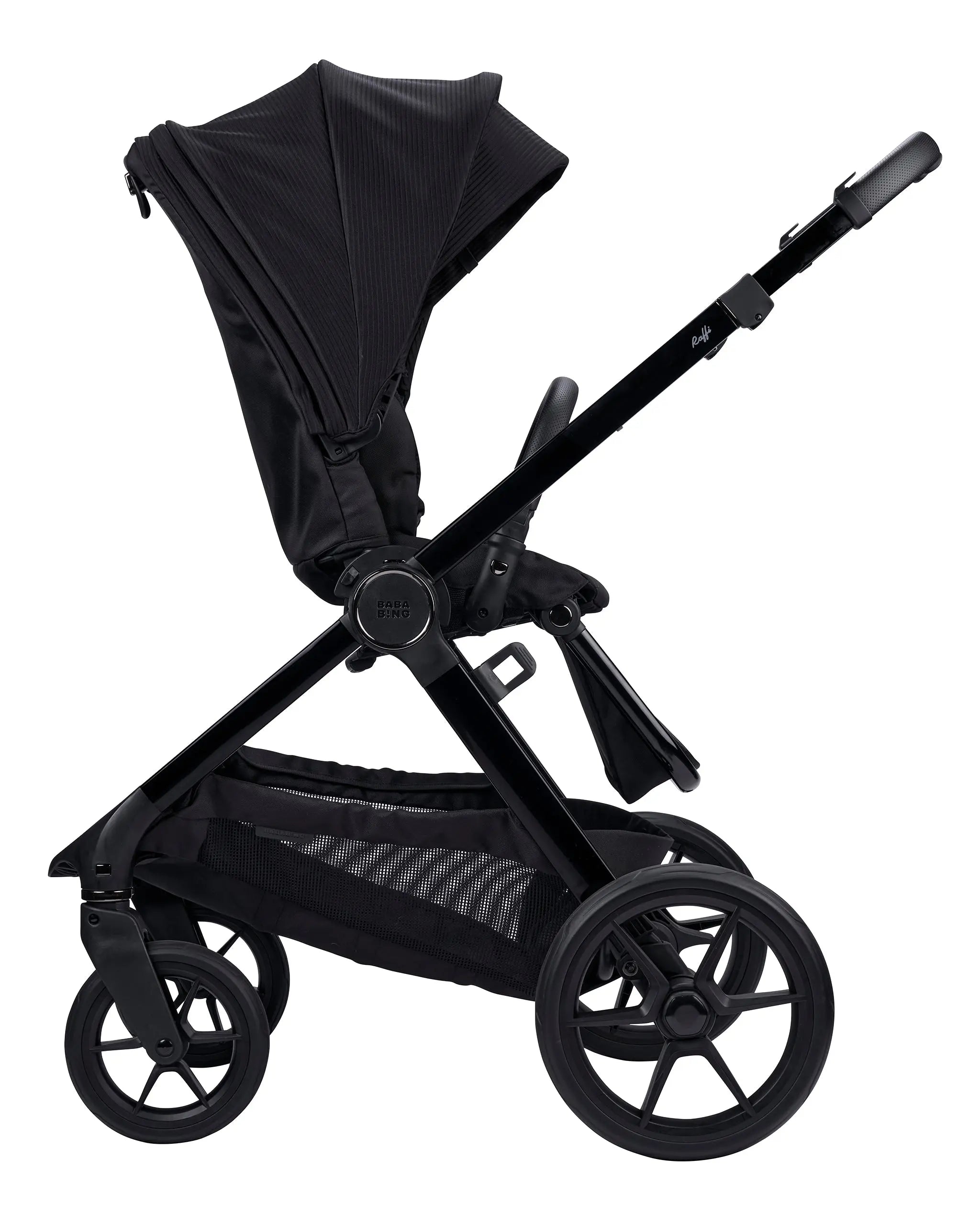 side view of raffi travel system in black with forward facing seat unit attached on white background