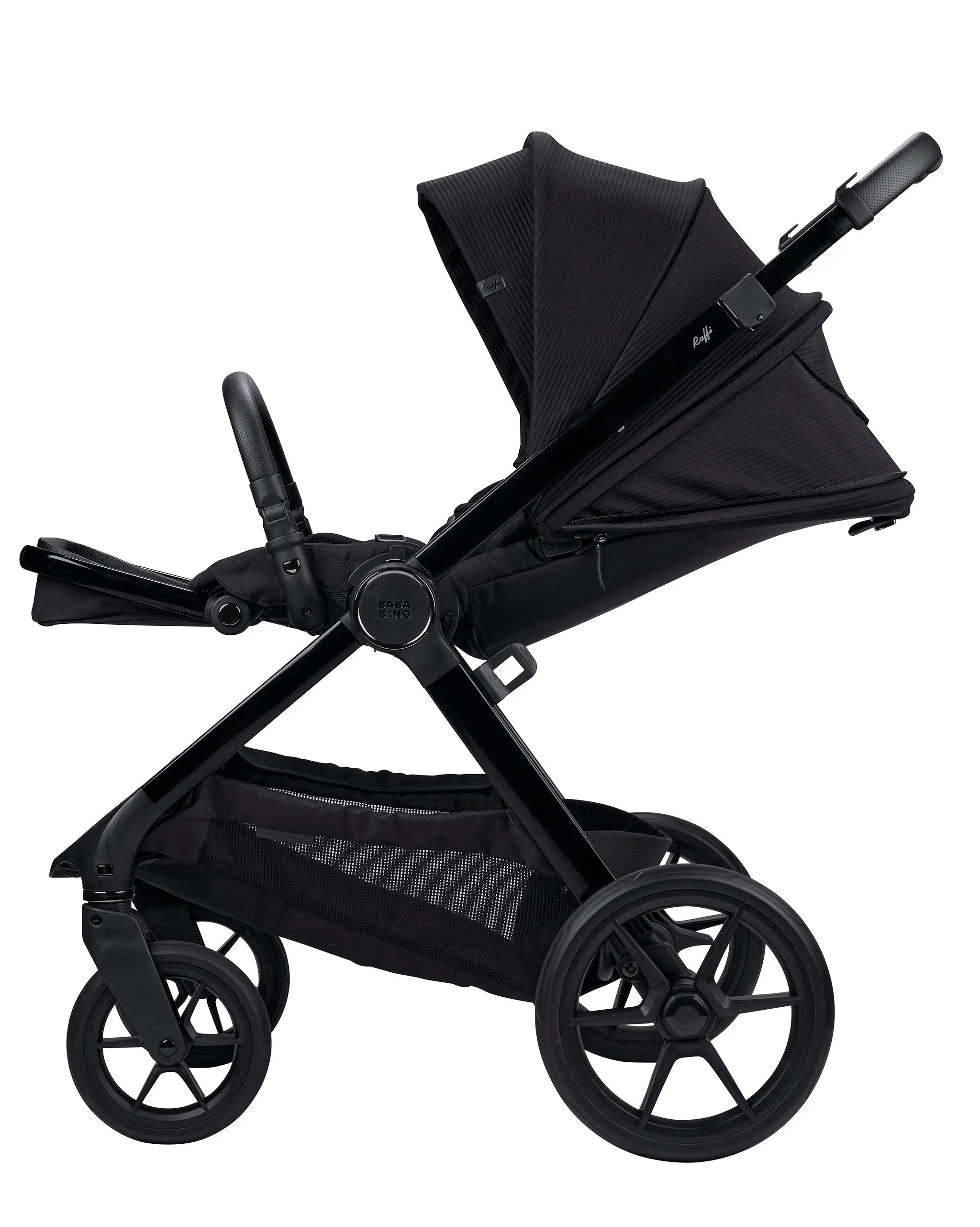 side view of raffi travel system in black with reclined seat unit attached on white background