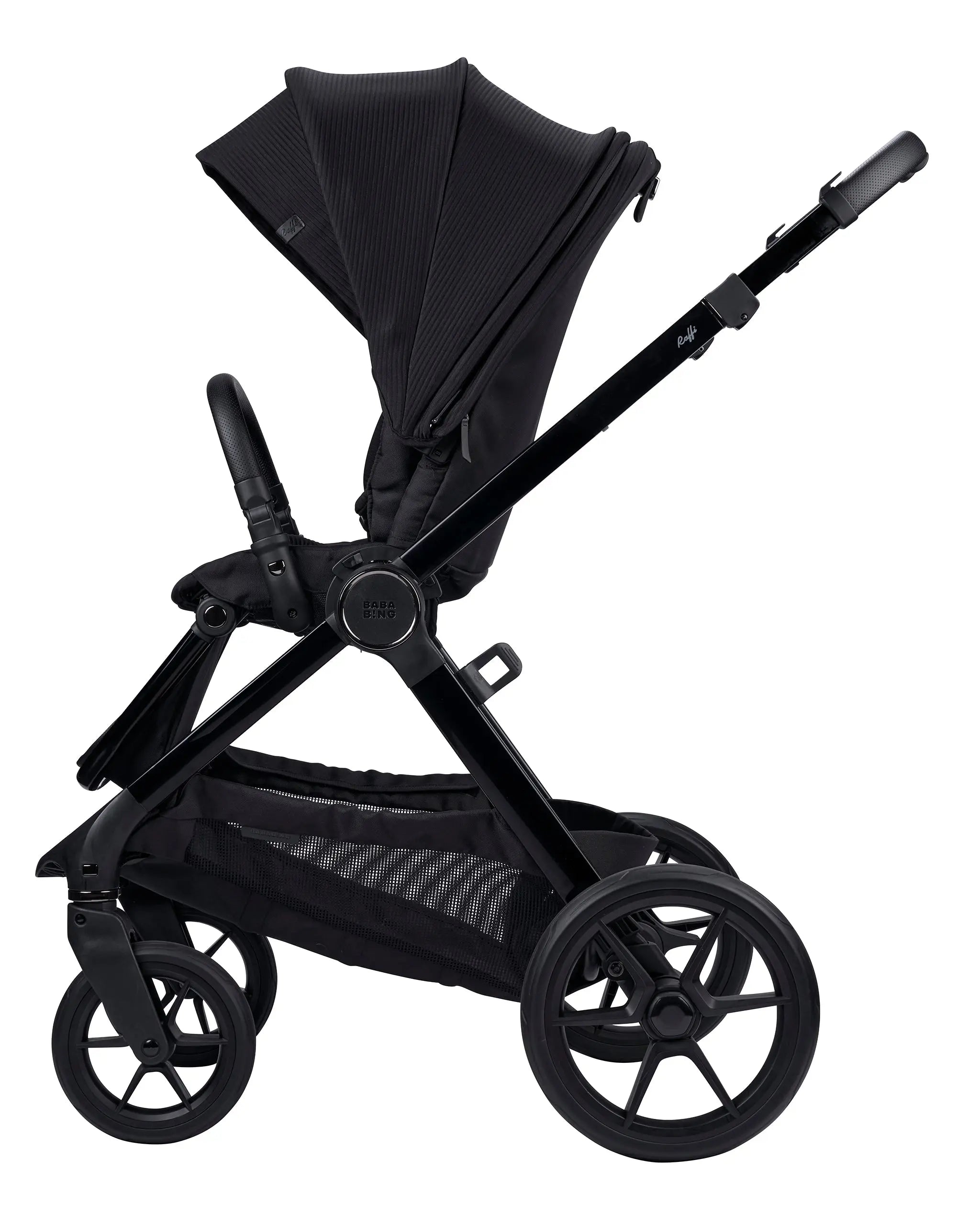 side vie of raffi travel system in black with seat unit attached on white background