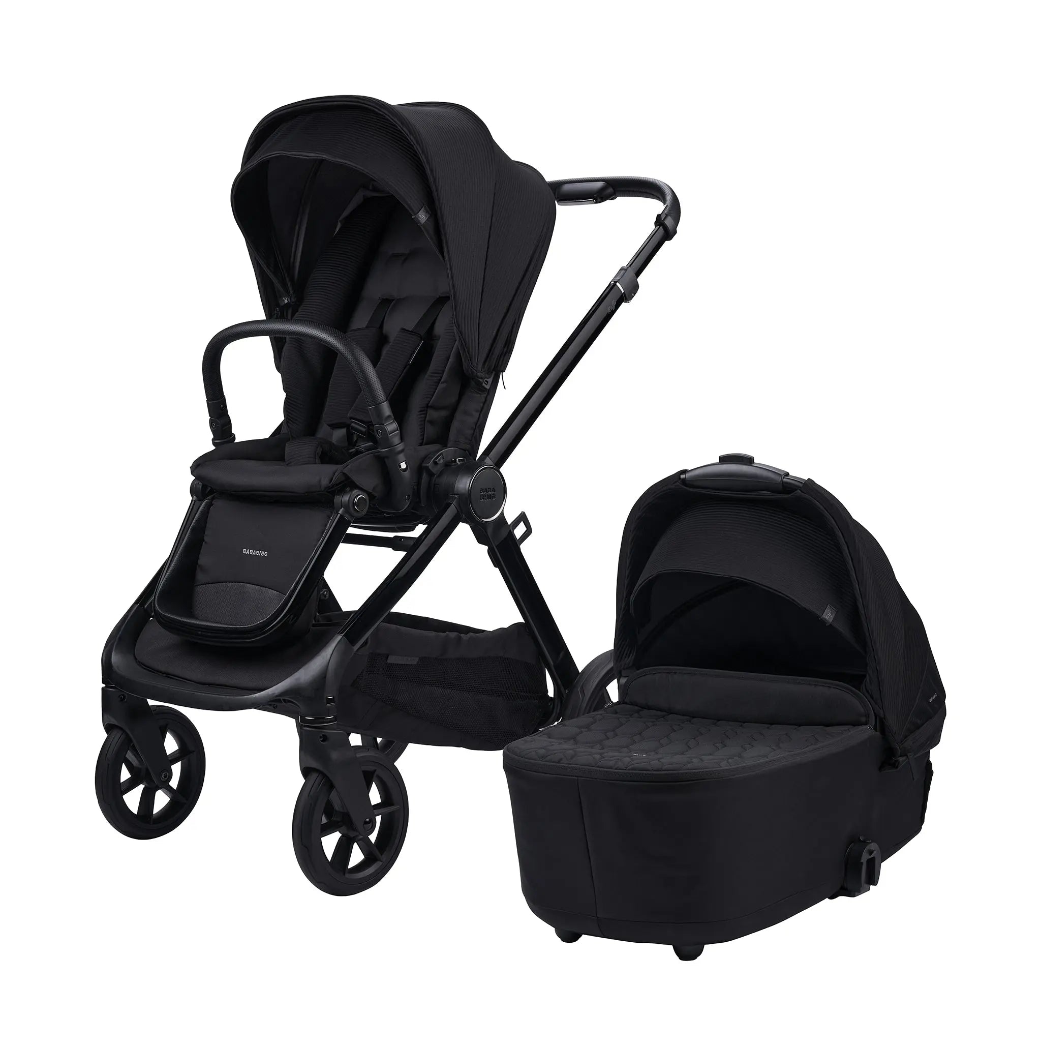 perspective view of raffi travel system with seat unit and carrycot on white background