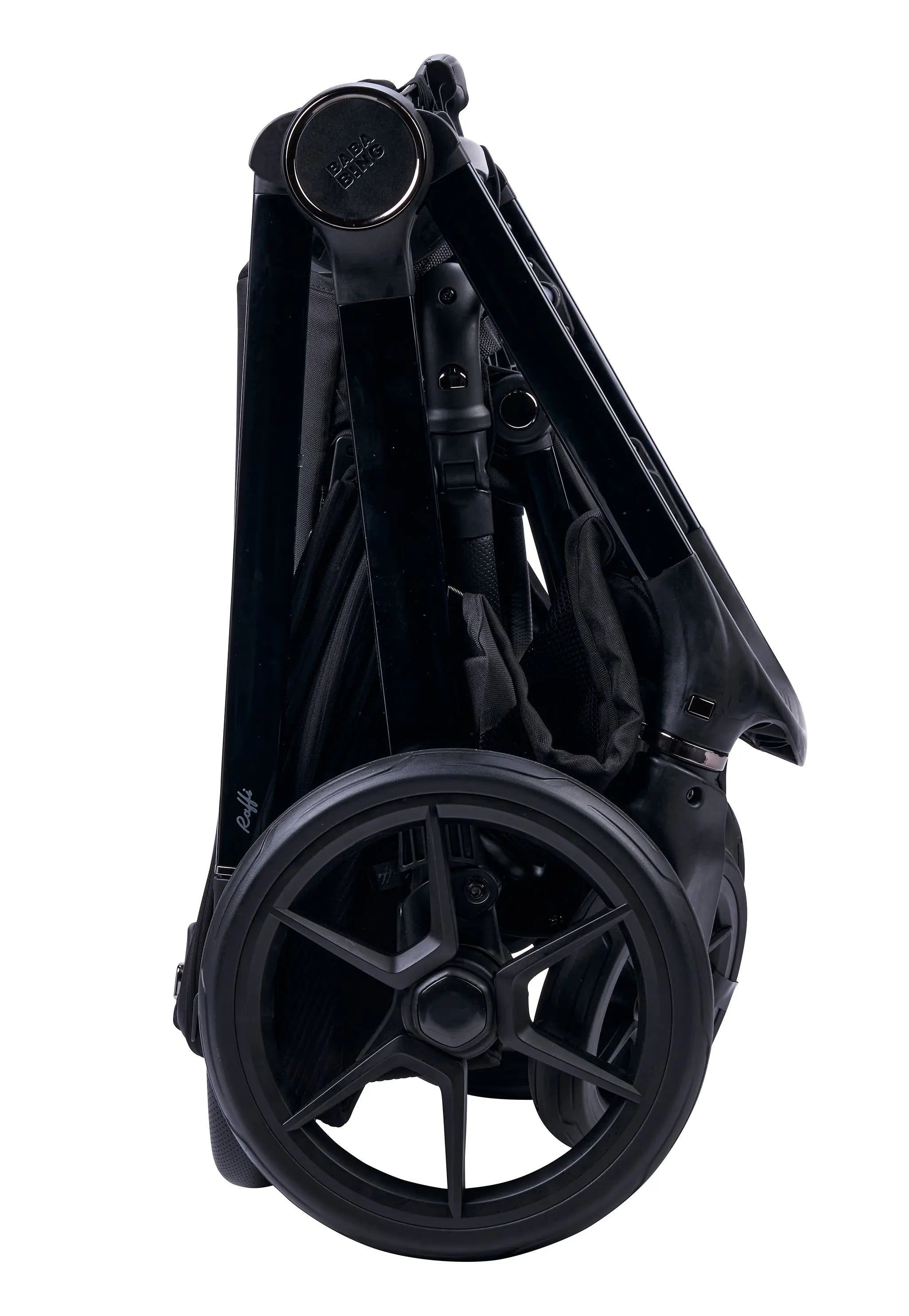 side view of raffi travel system in black folded