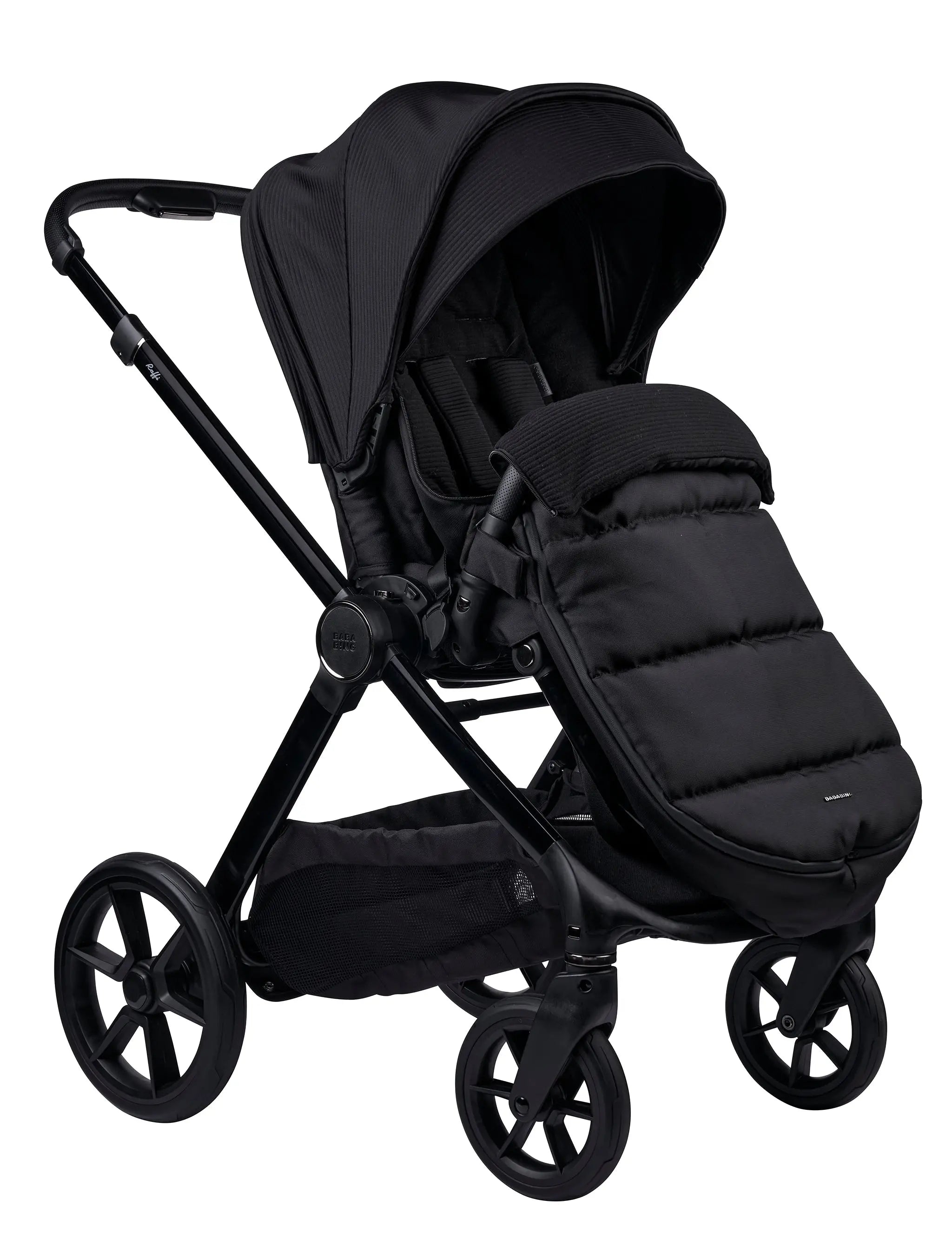 perspective view of raffi travel system in black with seat unit and footmuff attached on white background