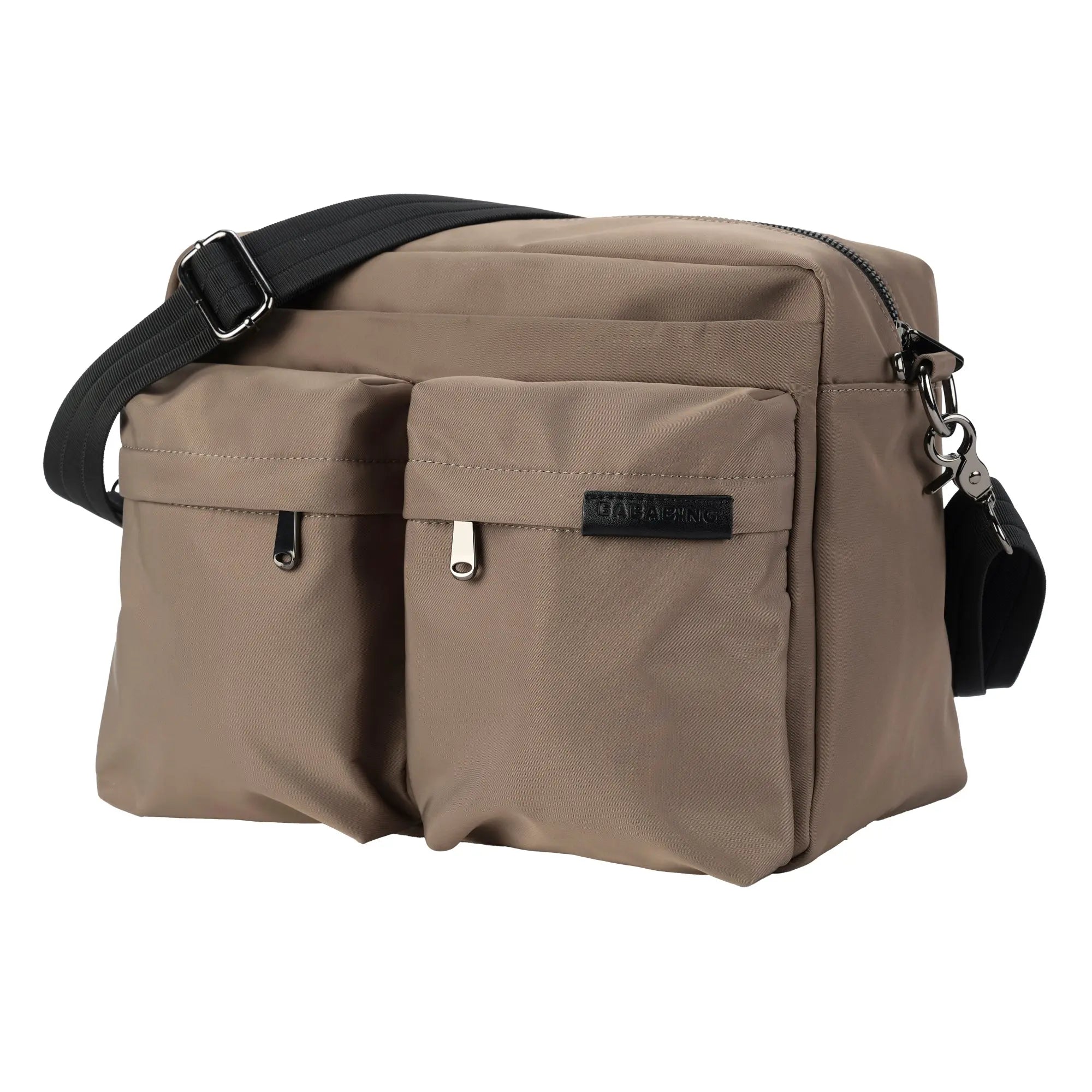 side view of aalia baby changing bag in taupe