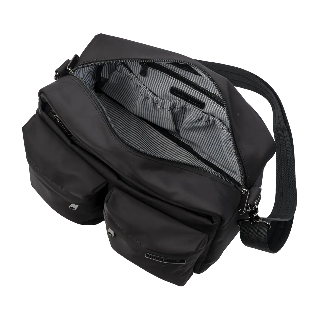 main section open of the aalia baby changing bag in black