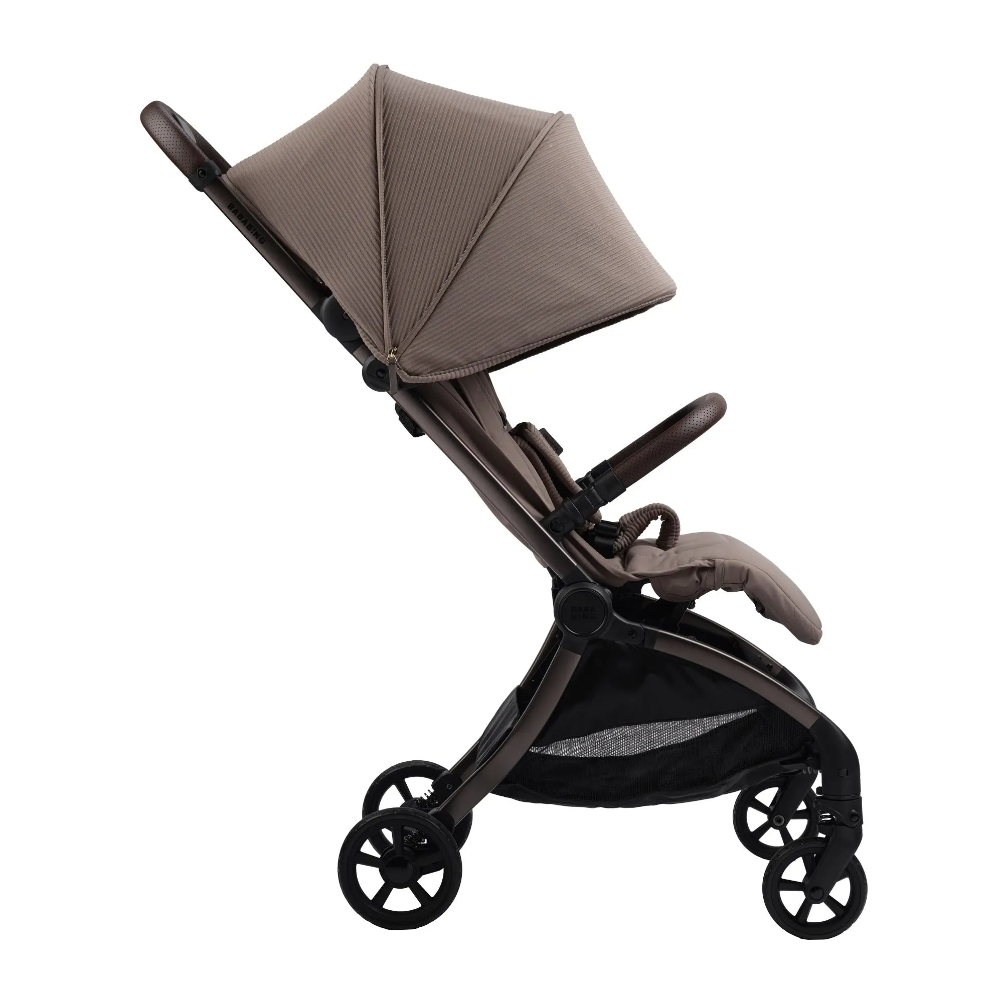 side view of compact pushchair with sun canopy in minky colour