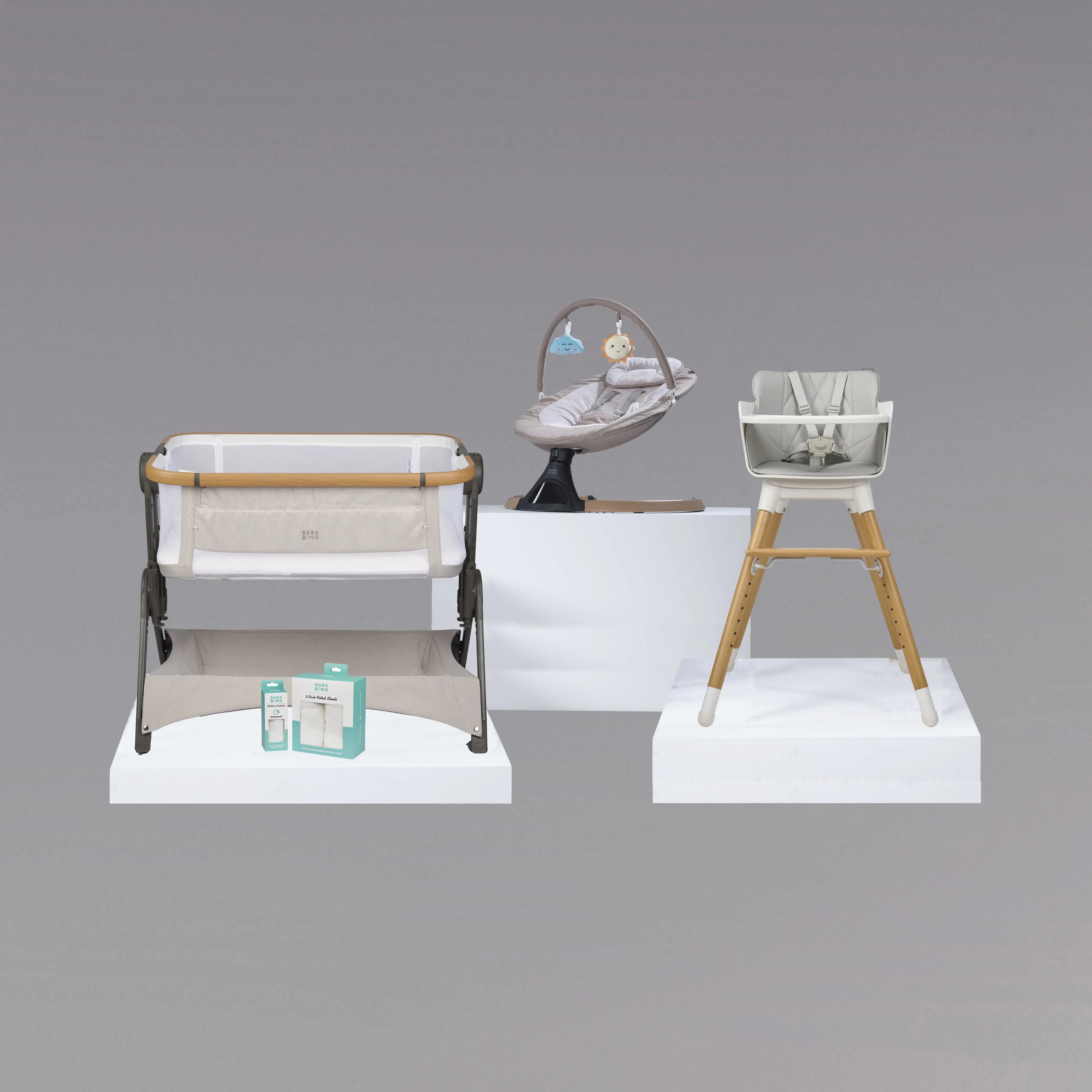 bedside crib bundle with highchair and electric swing