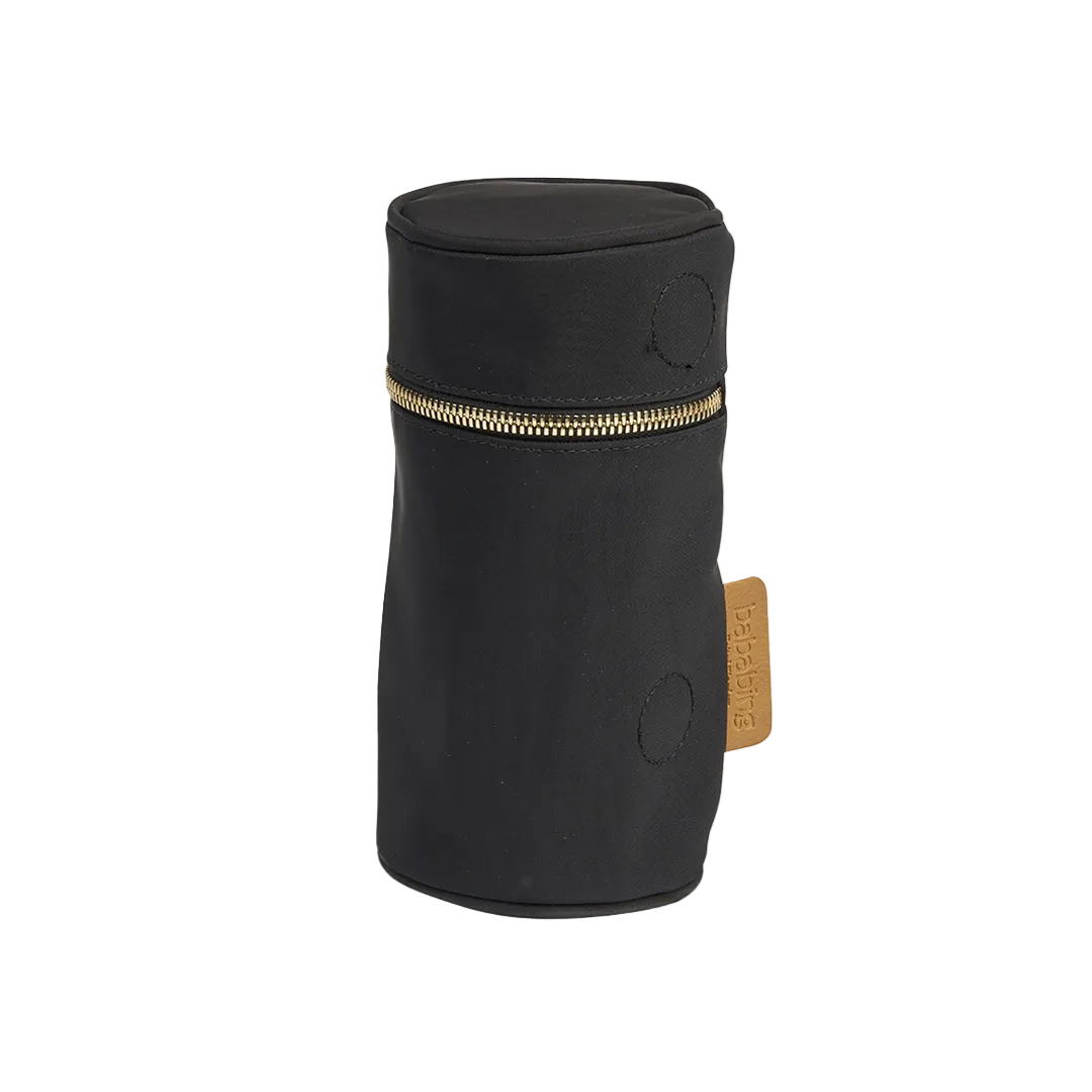 A black bottle holder with a zipper closure and a gold-toned brand tag on the lower side.