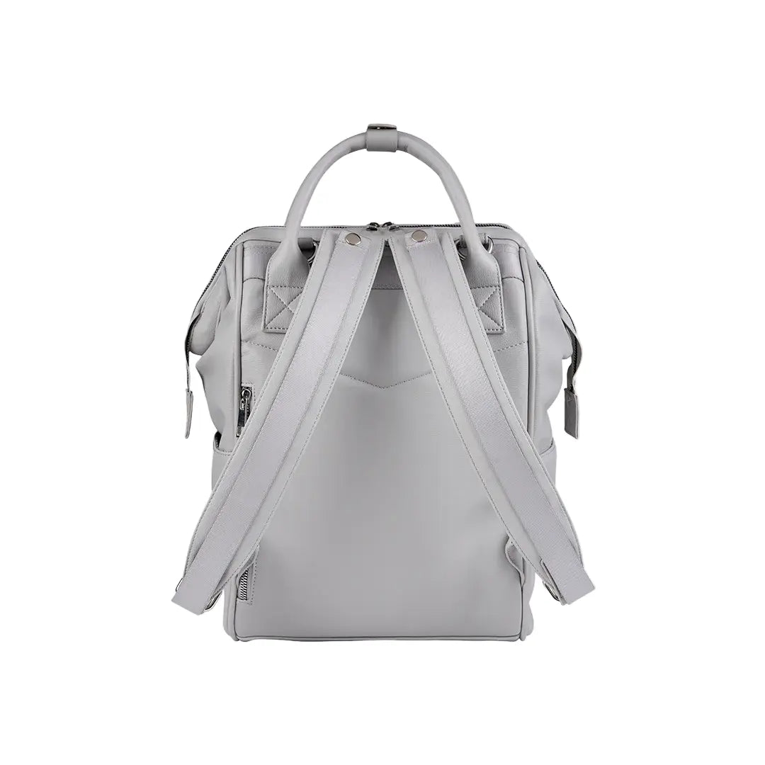 a rear view of a grey changing bag on a white background