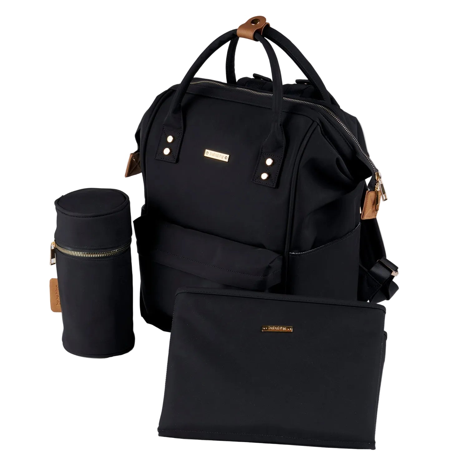 Black backpack with matching pouch and bottle holder on a white background