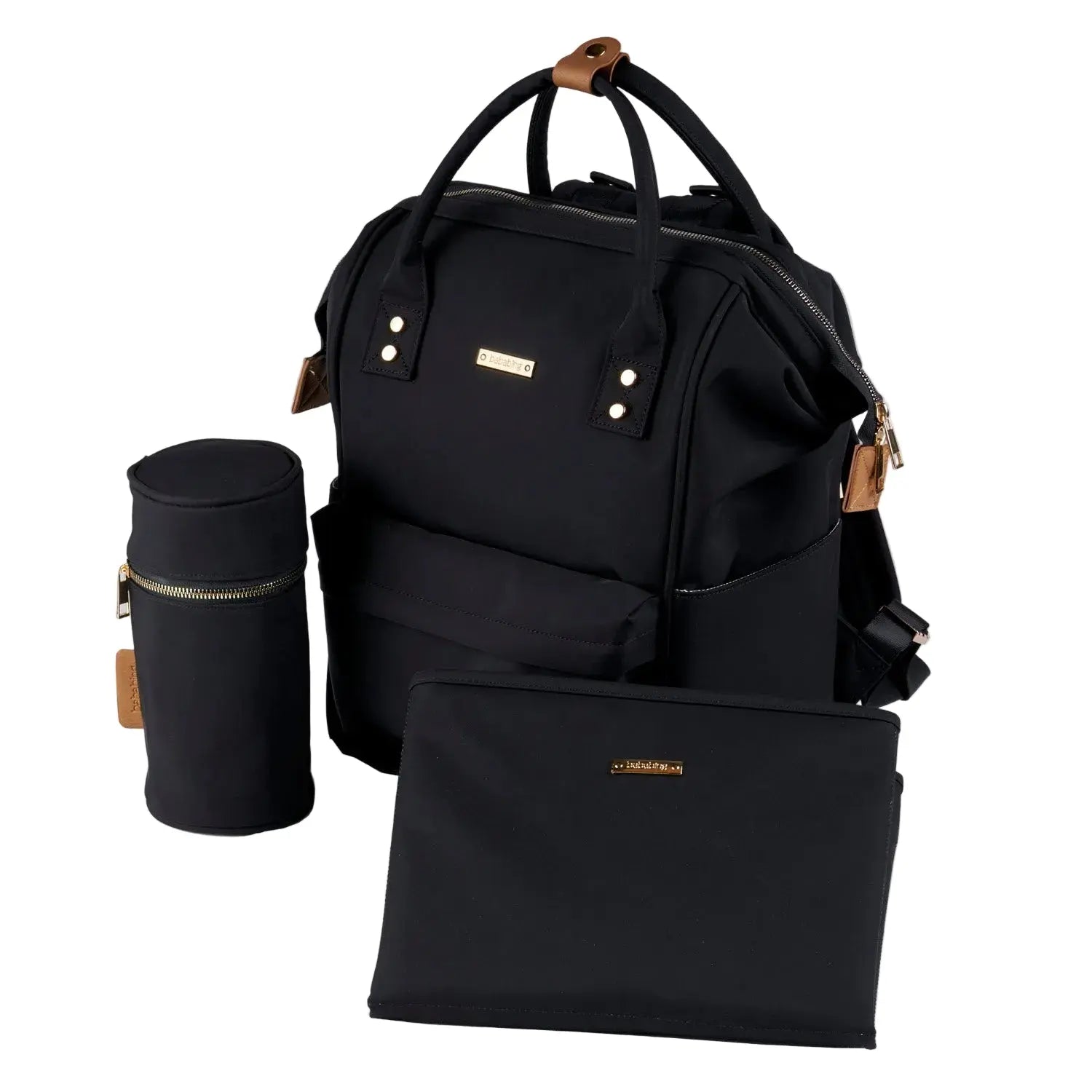 Black backpack with matching pouch and bottle holder on a white background