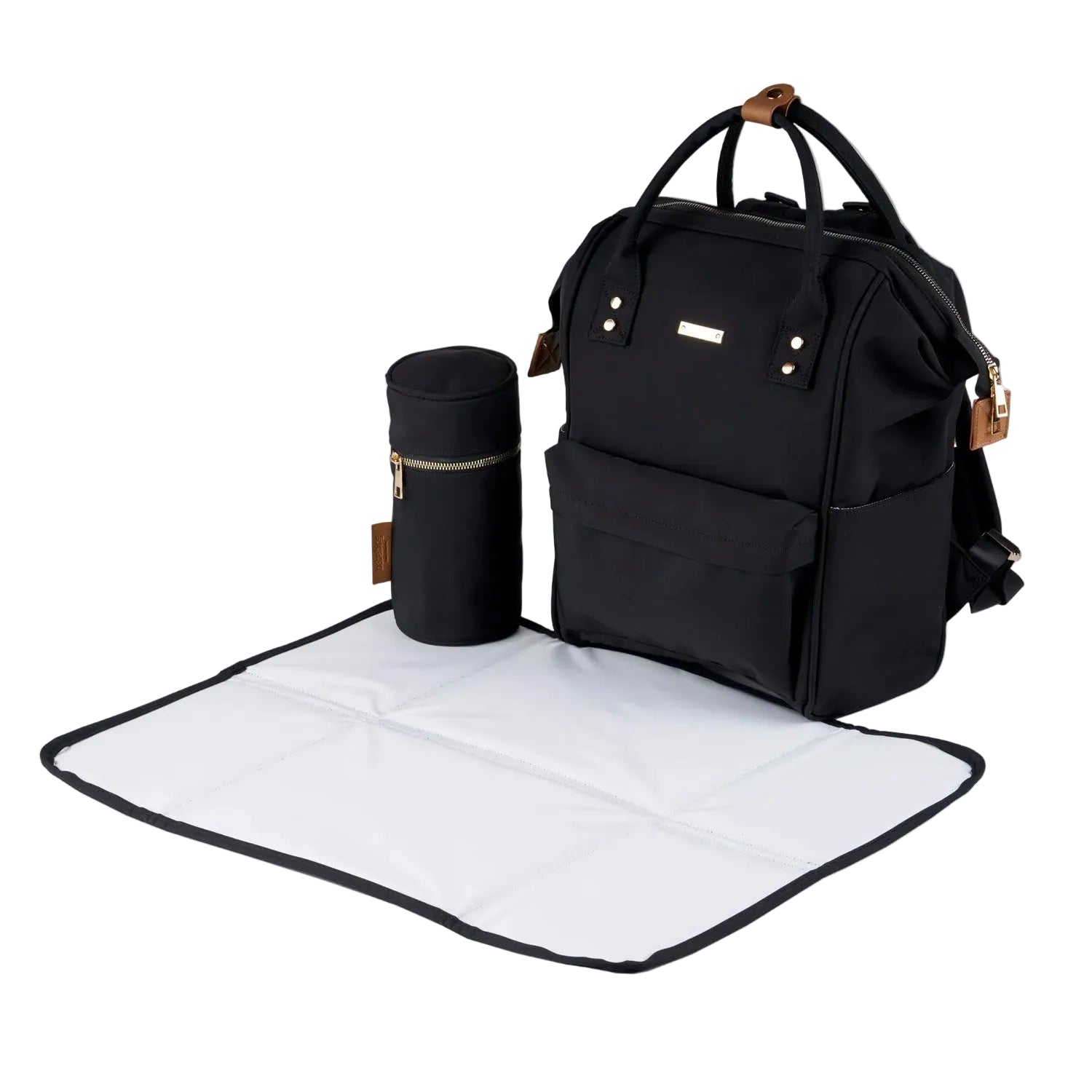 Black diaper bag with a changing mat and black cup holder on a white background