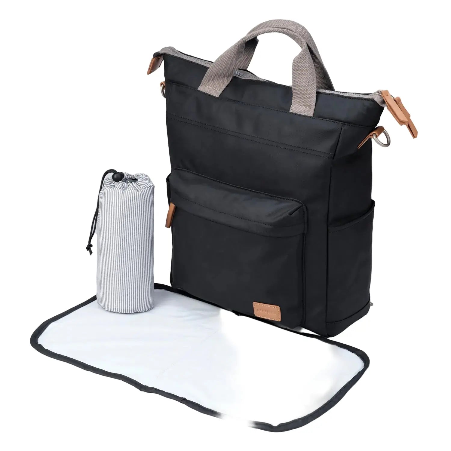 Black diaper bag with a changing pad and bottle holder on a white background