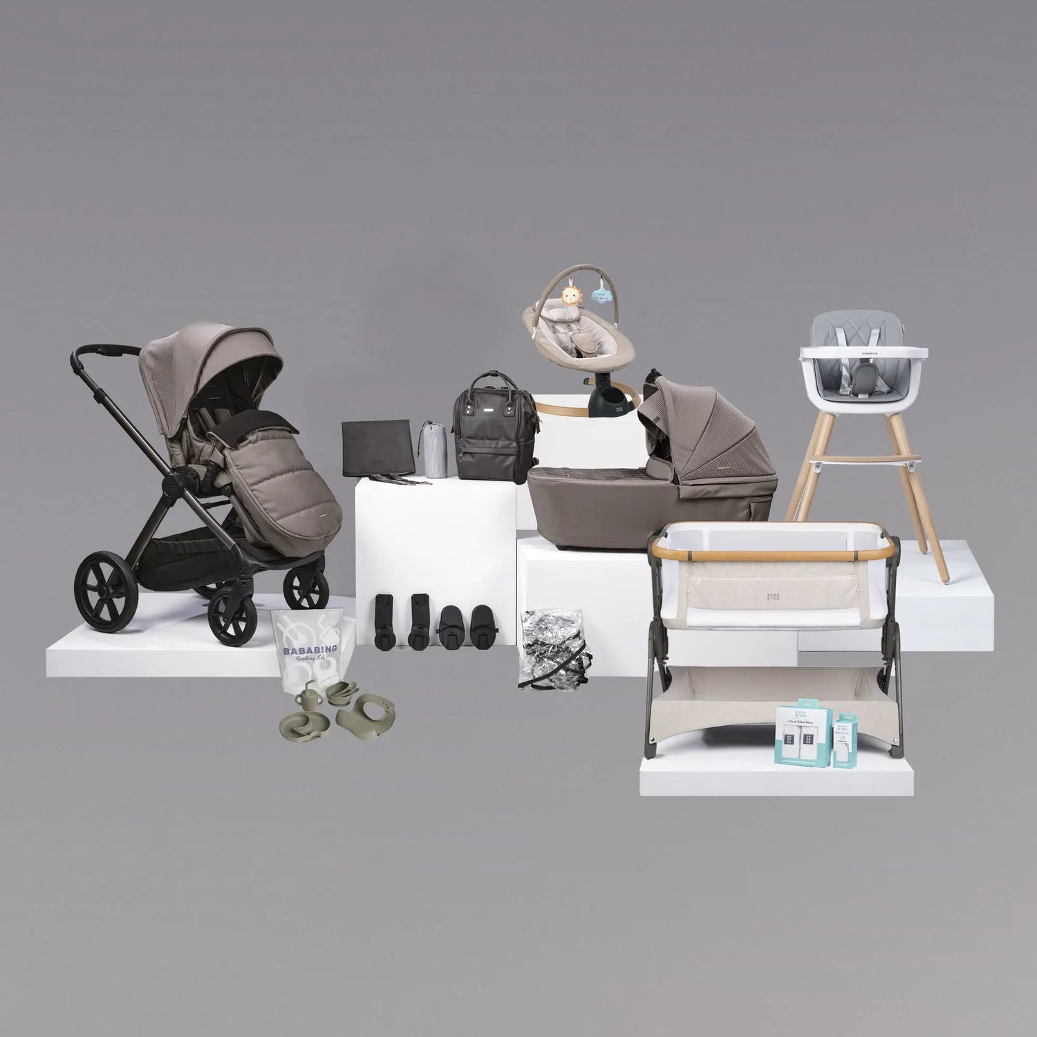 beige pushchair with highchair, crib and electric swing