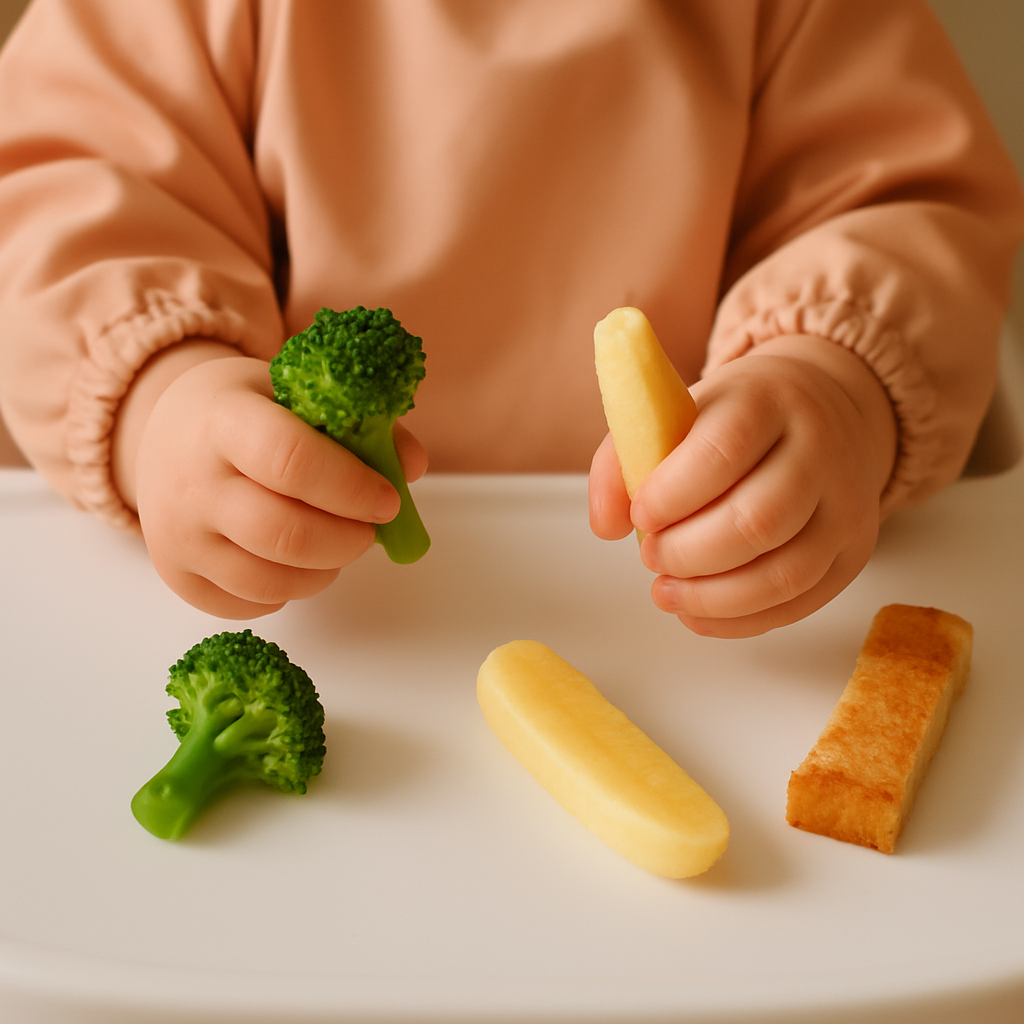 A close-up of a baby’s hands gripping steamed broccoli and a soft fruit finger food on a high-chair tray, showing safe textures and shapes for baby-led weaning.