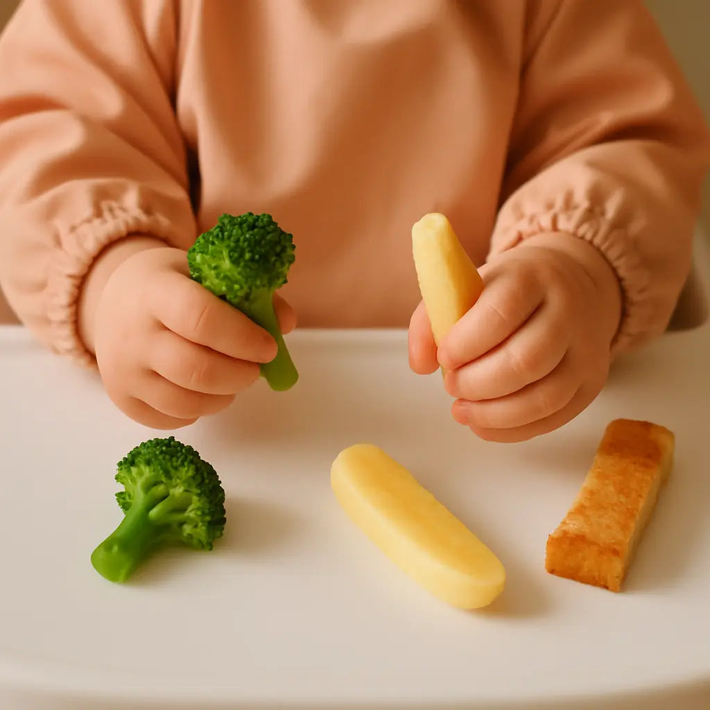 A close-up of a baby’s hands gripping steamed broccoli and a soft fruit finger food on a high-chair tray, showing safe textures and shapes for baby-led weaning.
