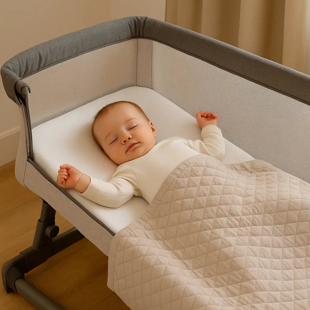 A peaceful baby sleeps in a light grey bedside crib with a gentle tilt, wearing a cream onesie and covered by a quilted beige blanket, bathed in soft natural light.
