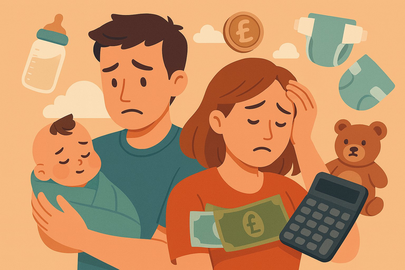 Illustration of a worried couple with a baby and baby essentials like nappies, a bottle, and a teddy bear, symbolising the financial cost of raising a child