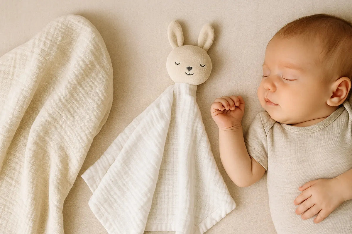 Sleeping baby in beige crib beside a soft muslin cloth and a small muslin bunny comforter.