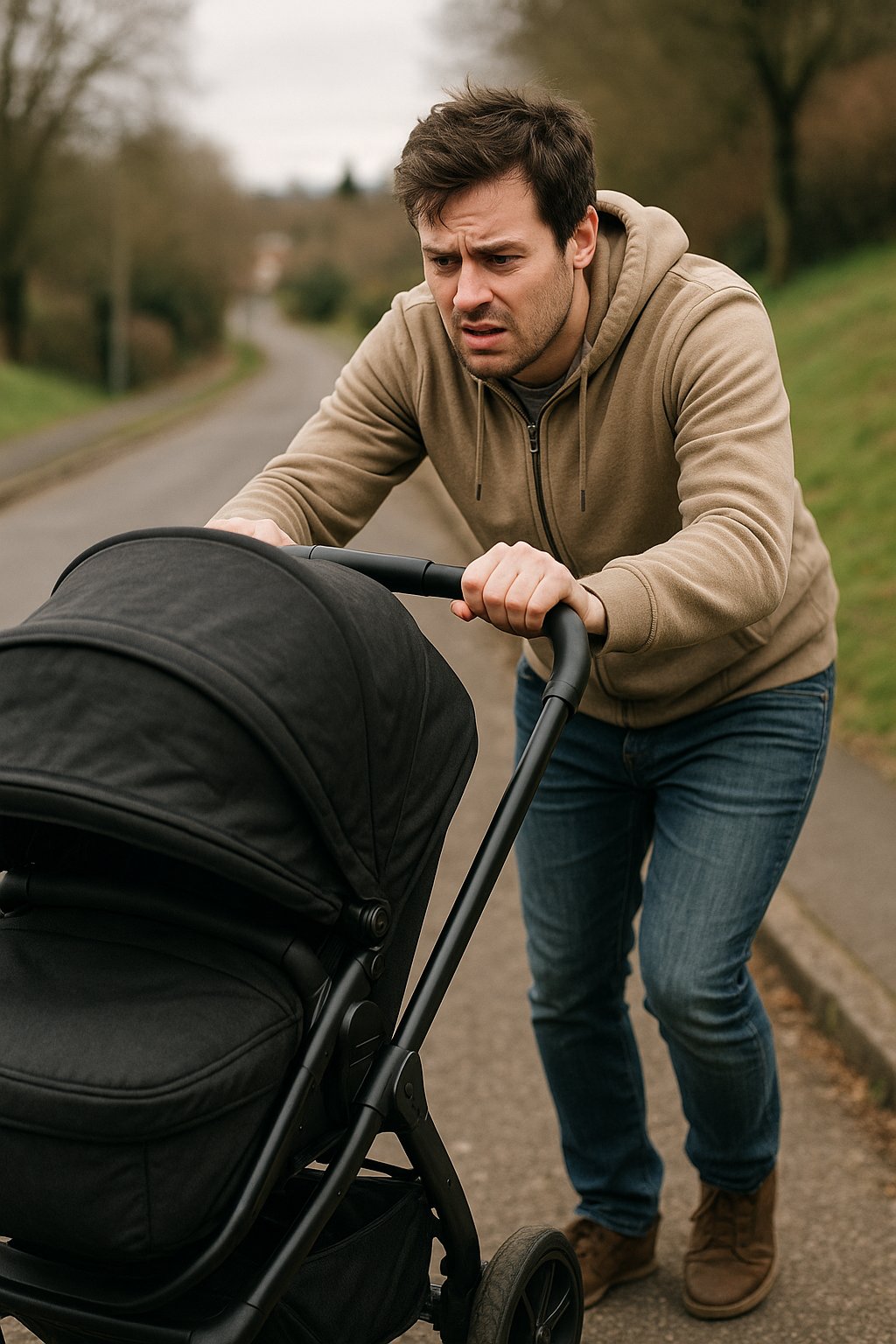 A young father in a hoodie and jeans looks visibly strained as he pushes a large, heavy pushchair up a sloped pavement on an overcast day, surrounded by bare trees. 