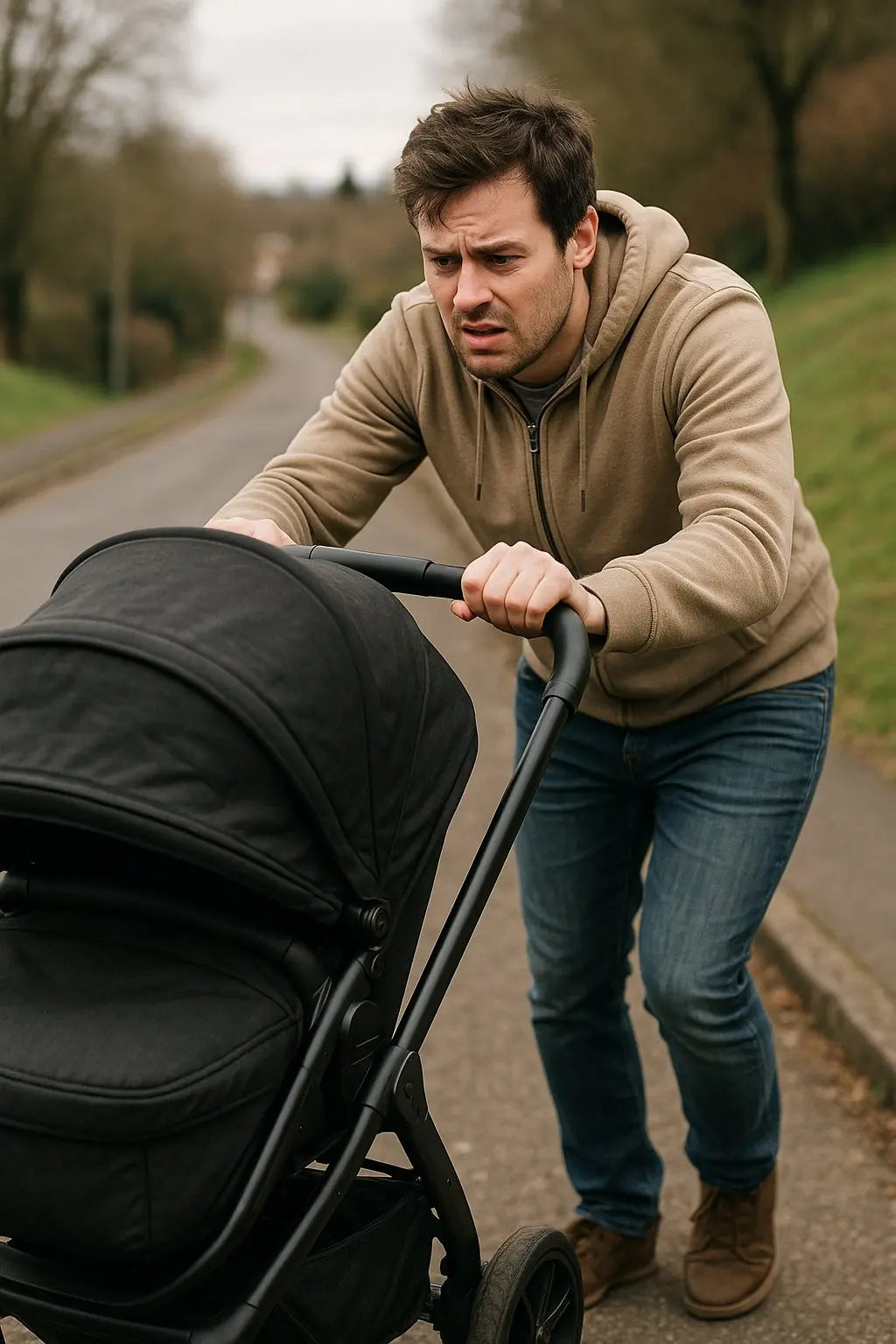 A young father in a hoodie and jeans looks visibly strained as he pushes a large, heavy pushchair up a sloped pavement on an overcast day, surrounded by bare trees. 
