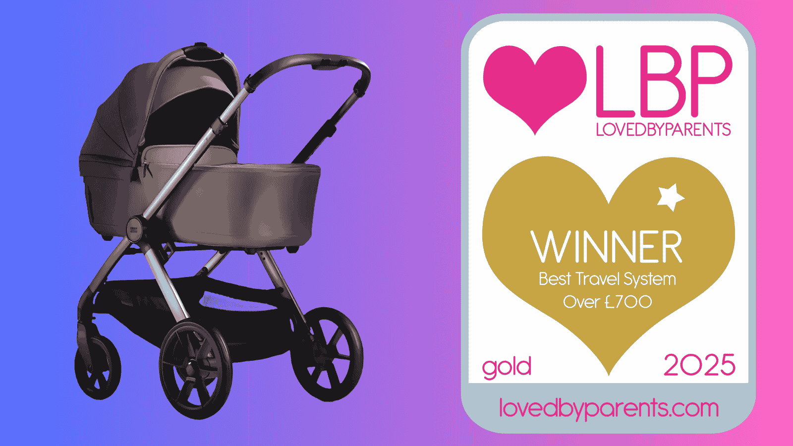 BabaBing travel system pram next to LovedByParents Gold Award badge for Best Travel System Over £700 (2025)