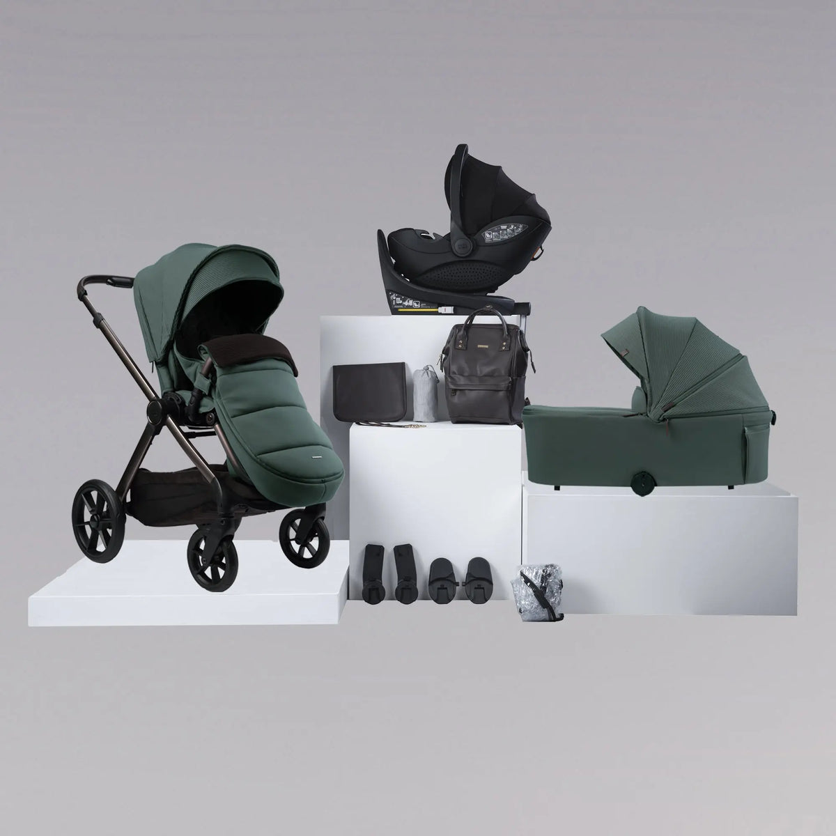 Raffi Quest Travel System Folding Carrycot, Lie Flat Isofix Car Seat and Spin Base (12 pc) Rivian Green