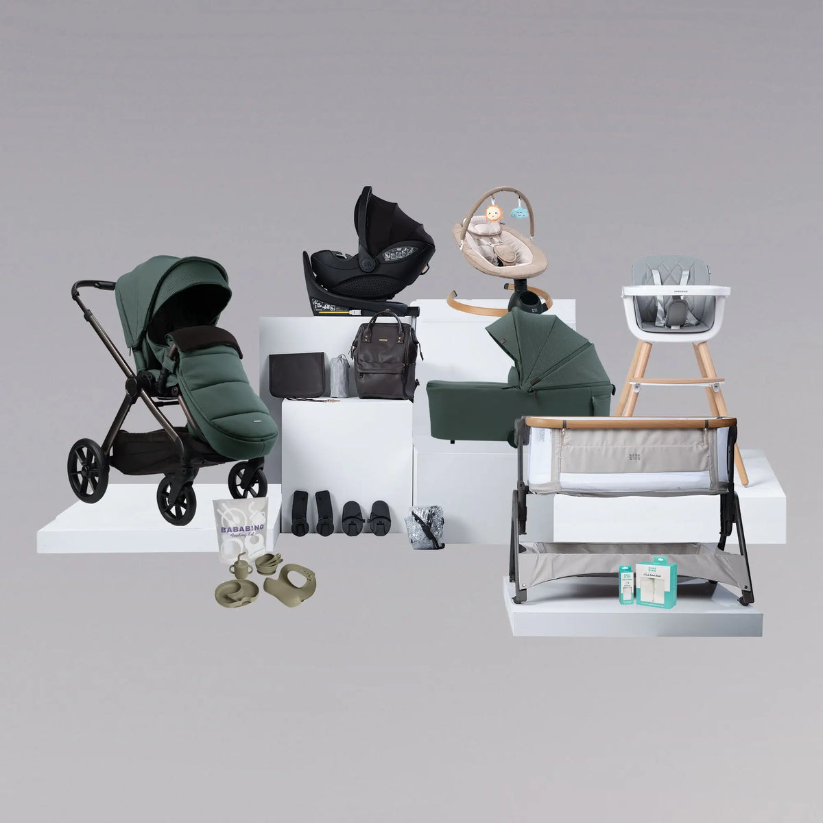 Raffi Quest Travel System Folding Carrycot, Lie Flat Isofix Car Seat and Spin Base (21 pc) Rivian Green