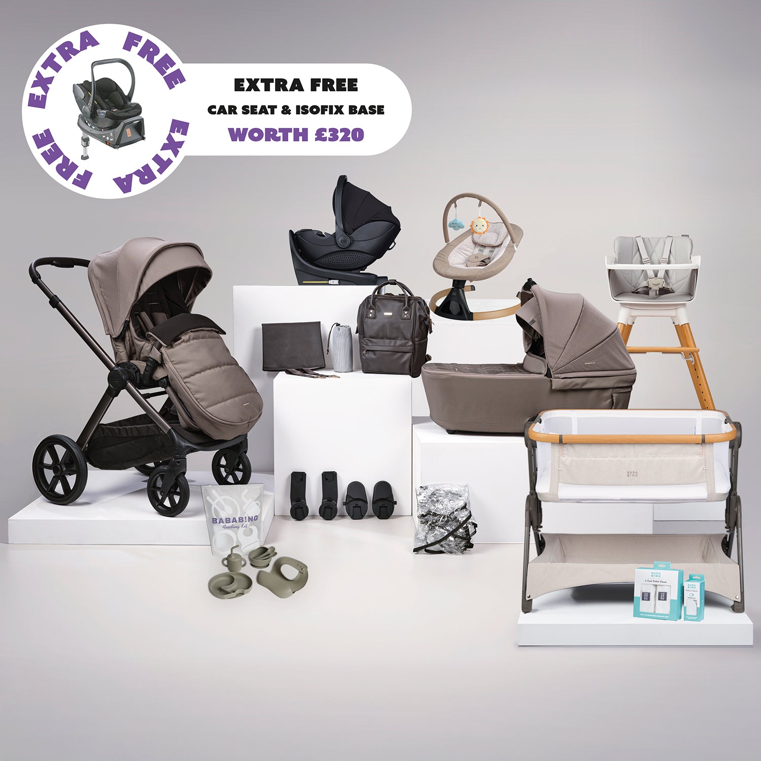 18pc Raffi MKII Travel, Home & Feeding Bundle with spin car seat & isofix base + FREE Hera car seat & isofix base - Minky