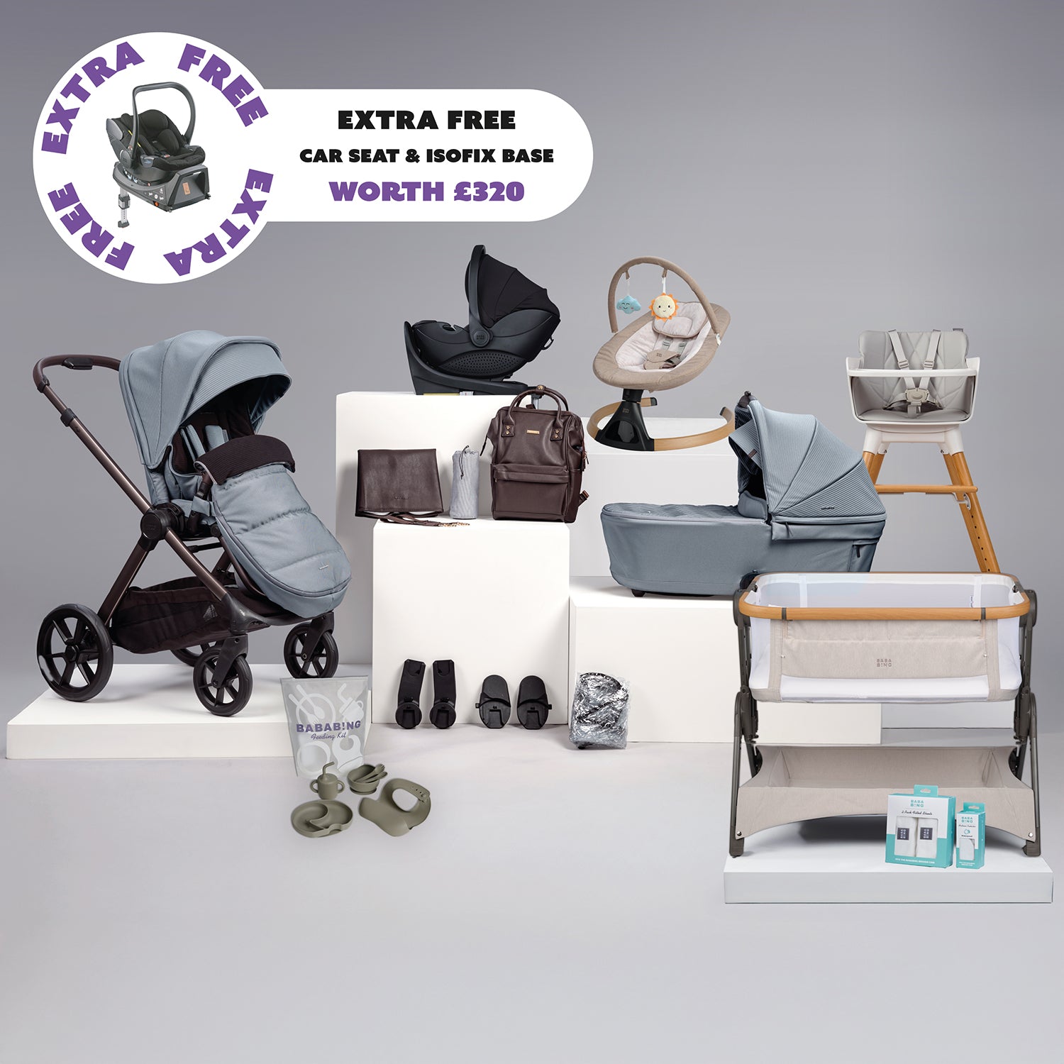 18pc Raffi MKII Travel, Home & Feeding Bundle with spin car seat & isofix base + FREE Hera car seat & isofix base - Duck Egg
