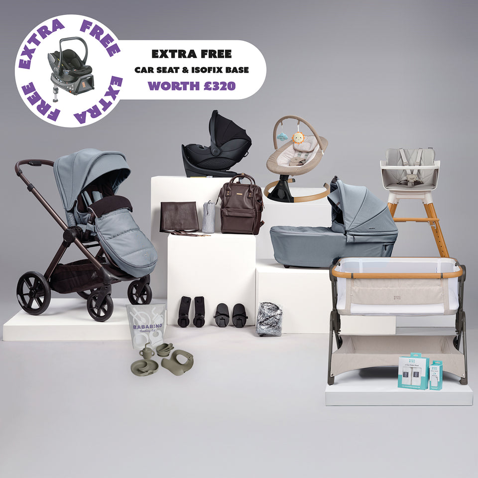 18pc Raffi MKII Travel, Home & Feeding Bundle with spin car seat & isofix base + FREE Hera car seat & isofix base - Duck Egg