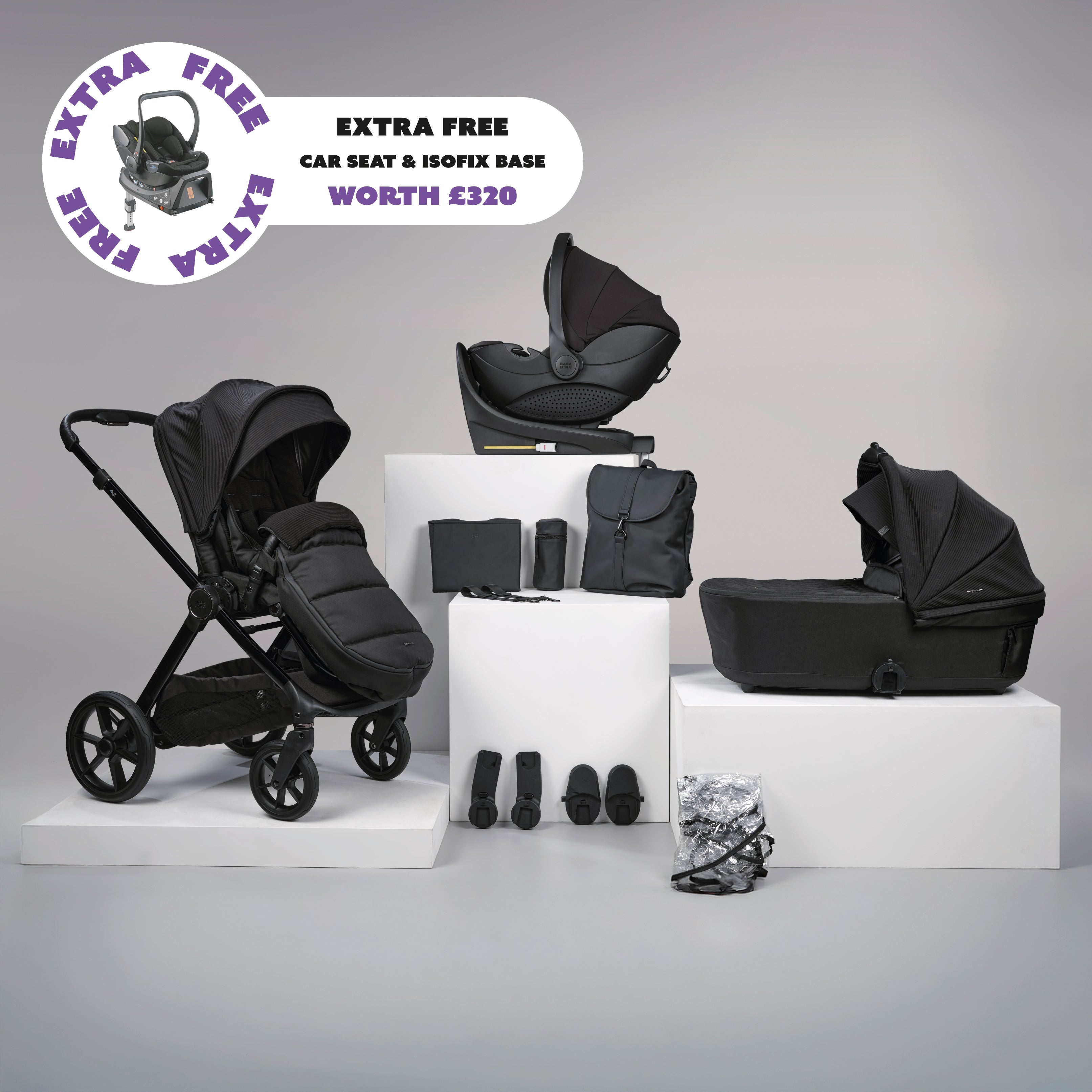 12 pc Raffi MKII Travel Bundle with spin car seat & isofix base + FREE Hera car seat & isofix base  - Satin Black